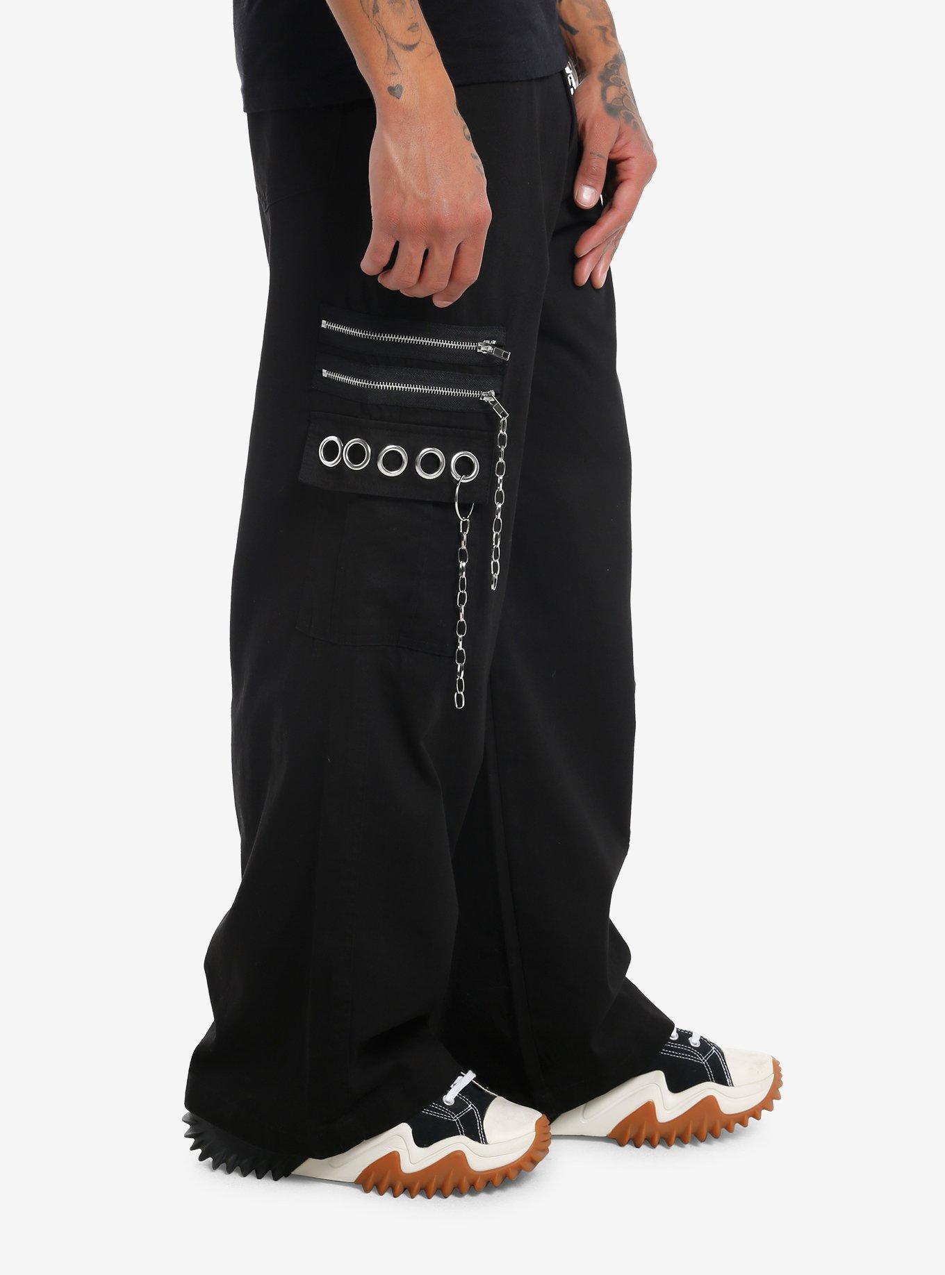 Social Collision Chain & Grommet Black Wide Leg Pants, BLACK, alternate