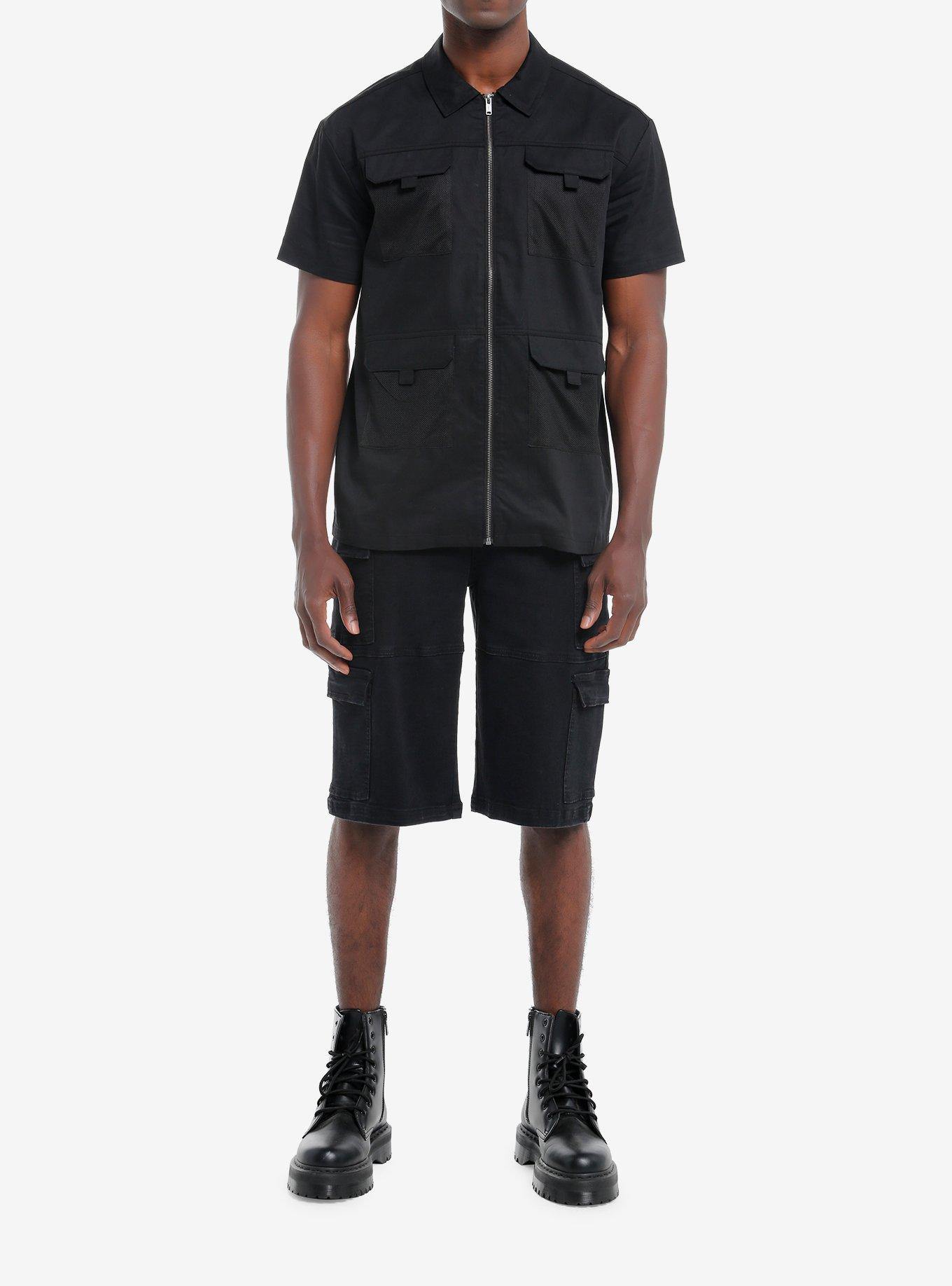 Cosmic Aura Zipper Utility Pocket Woven Button-Up, BLACK, alternate