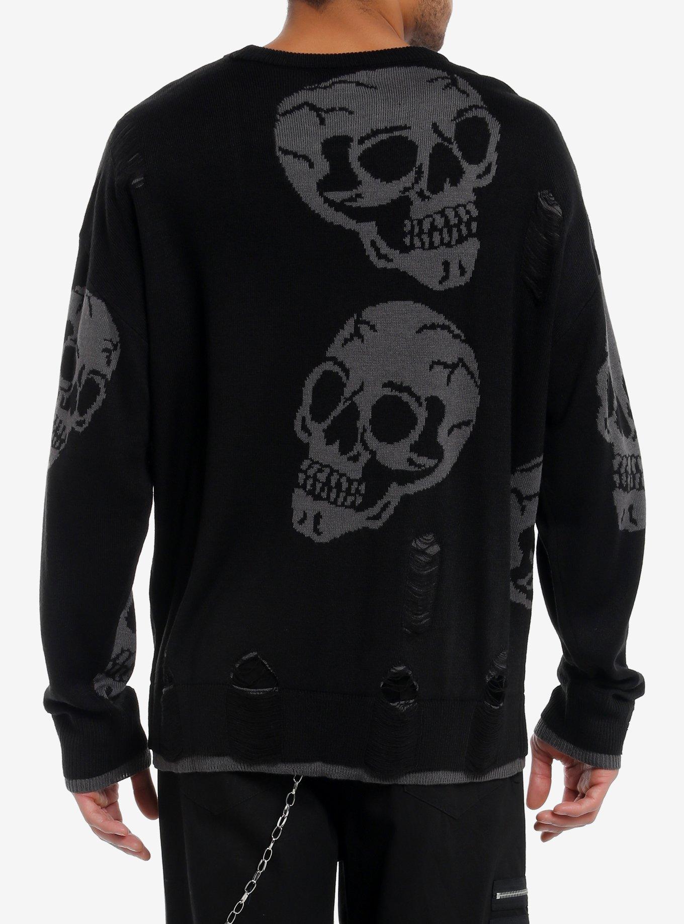 Skulls Distressed Intarsia Sweater, GREY, alternate