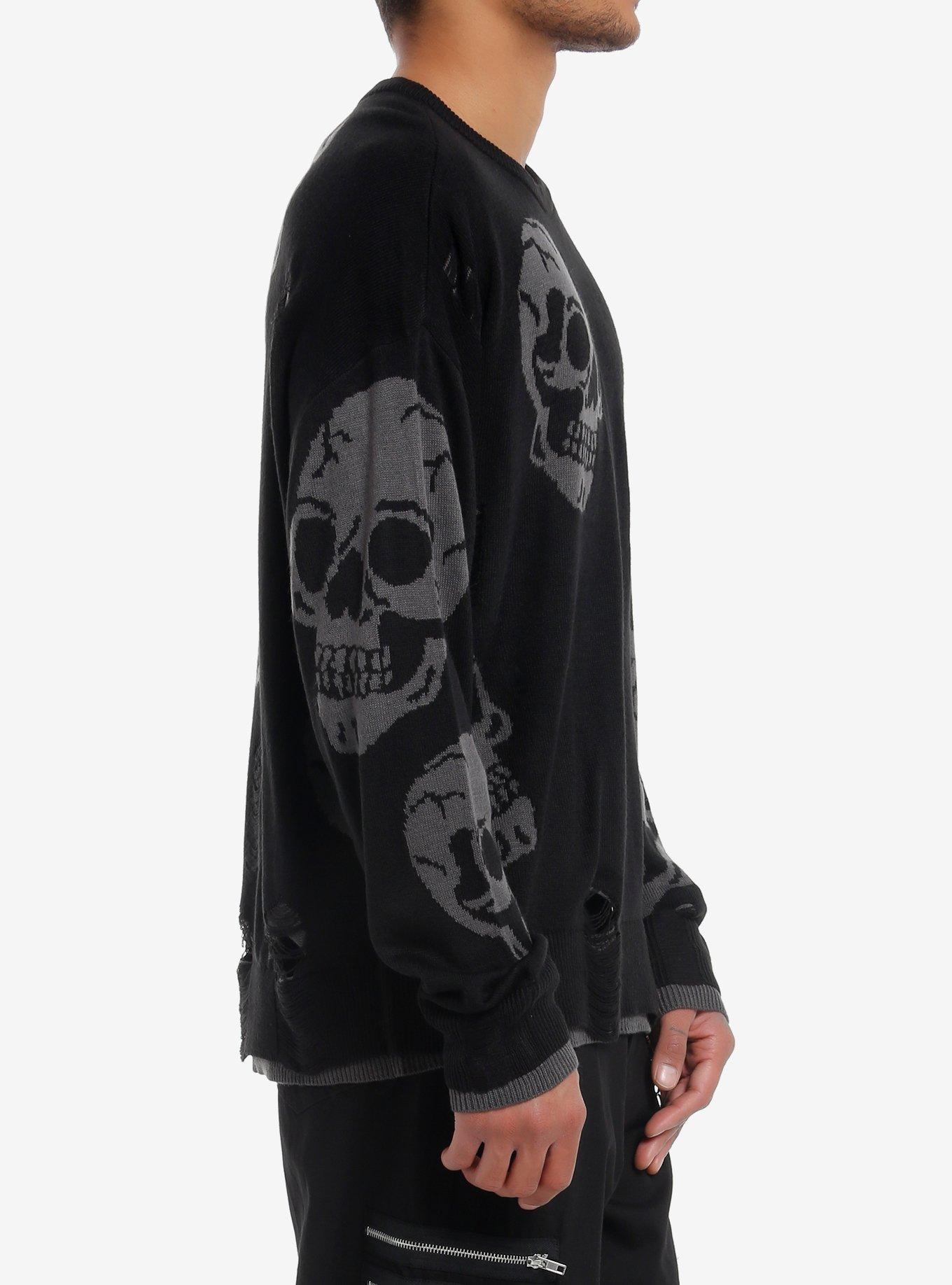 Skulls Distressed Intarsia Sweater, GREY, alternate