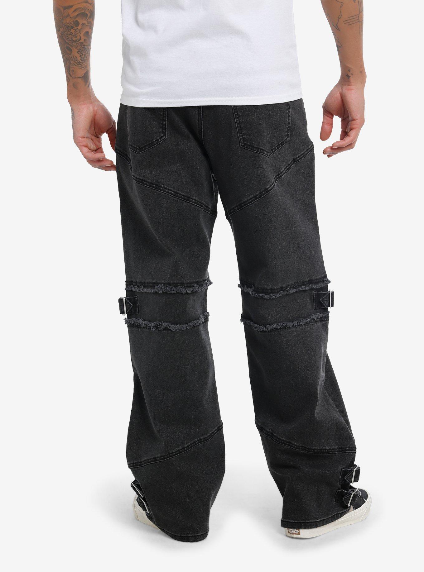 Black Zipper Grommet Frayed Wide Leg Denim Pants, , hi-res