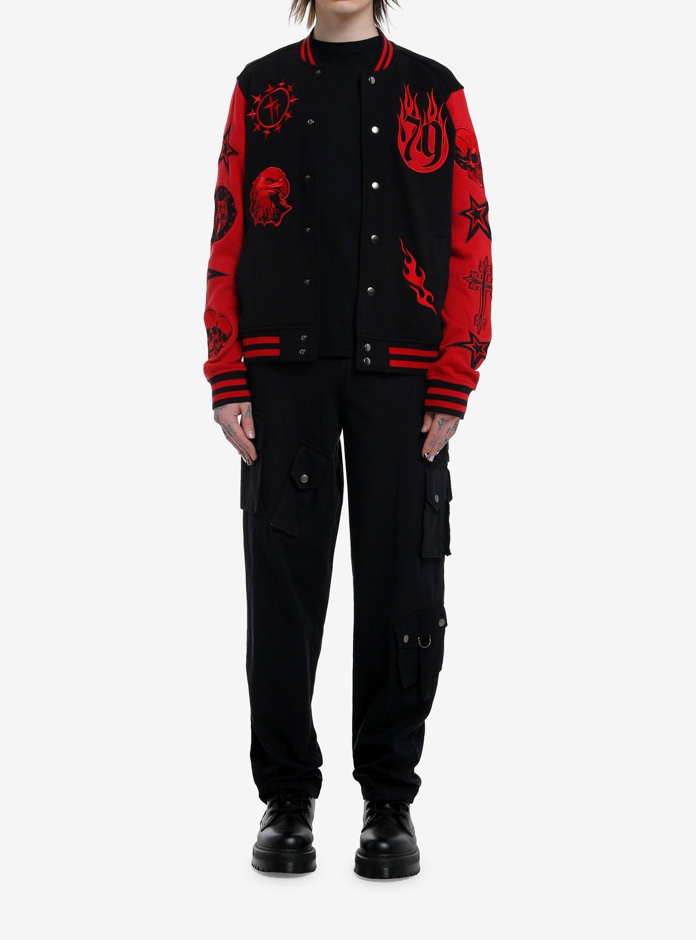 Black & Red Rock Star Patches Varsity Jacket, BLACK, alternate