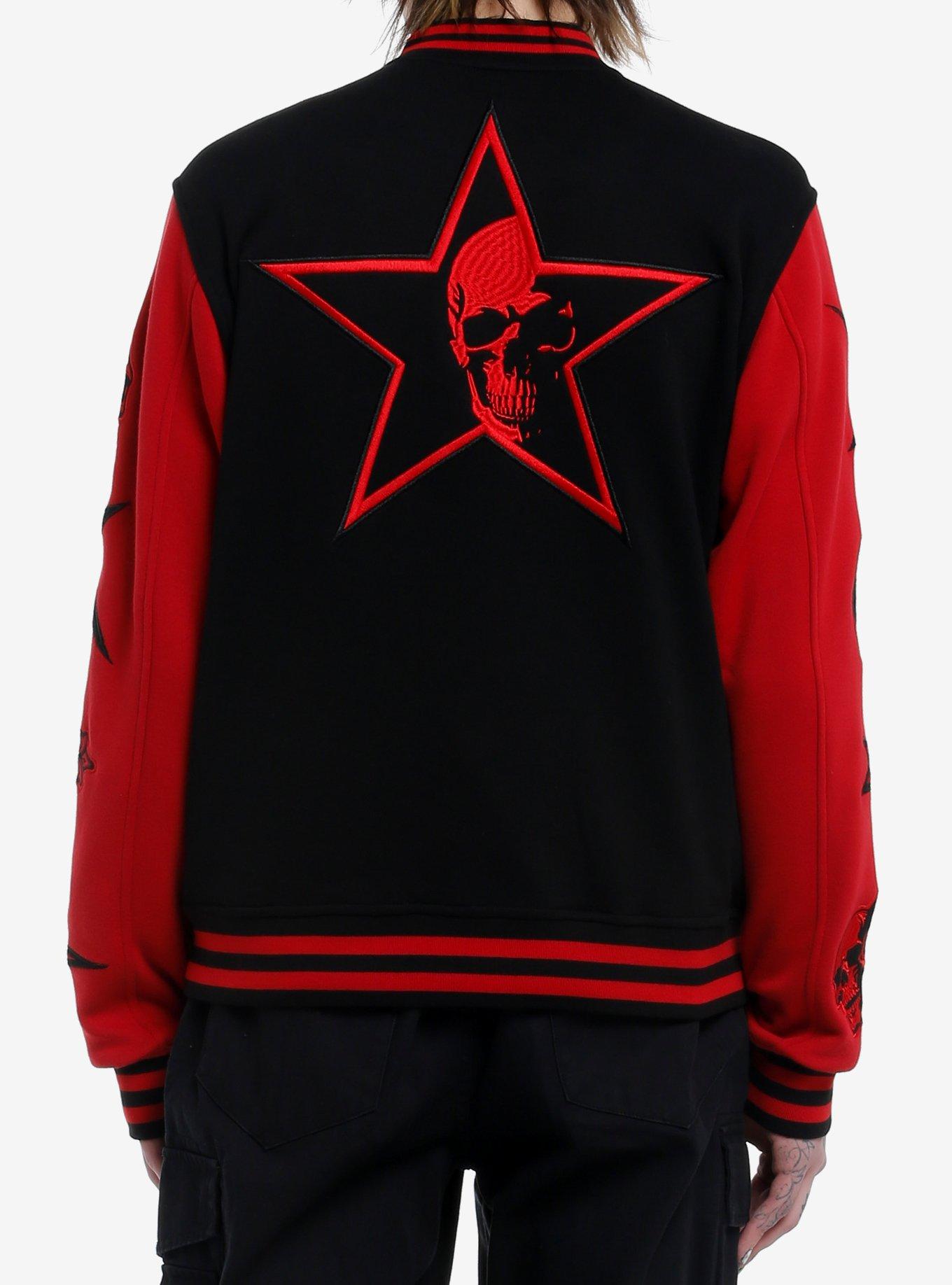 Black & Red Rock Star Patches Varsity Jacket, BLACK, alternate