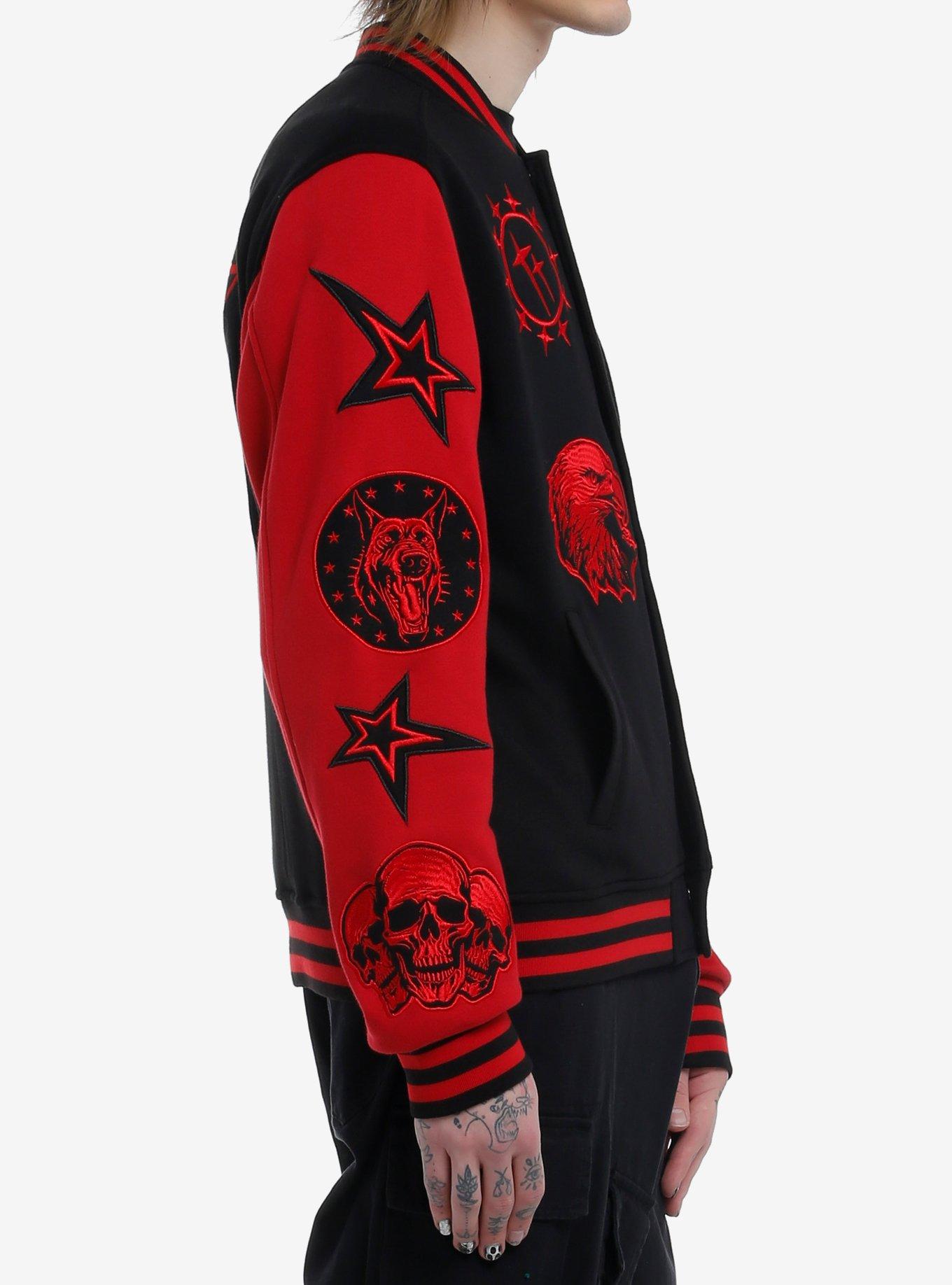 Black & Red Rock Star Patches Varsity Jacket, BLACK, alternate