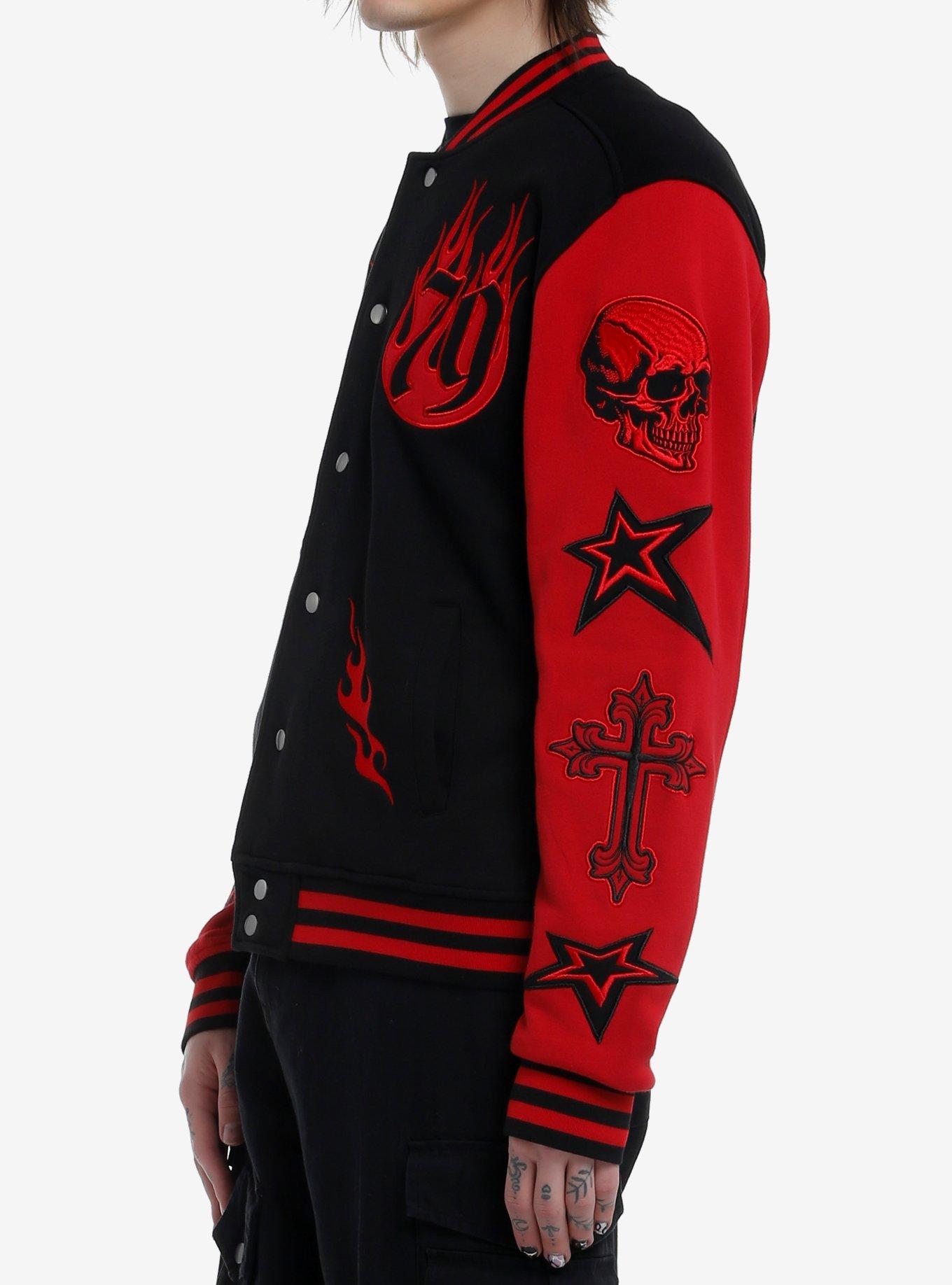 Black & Red Rock Star Patches Varsity Jacket, BLACK, alternate