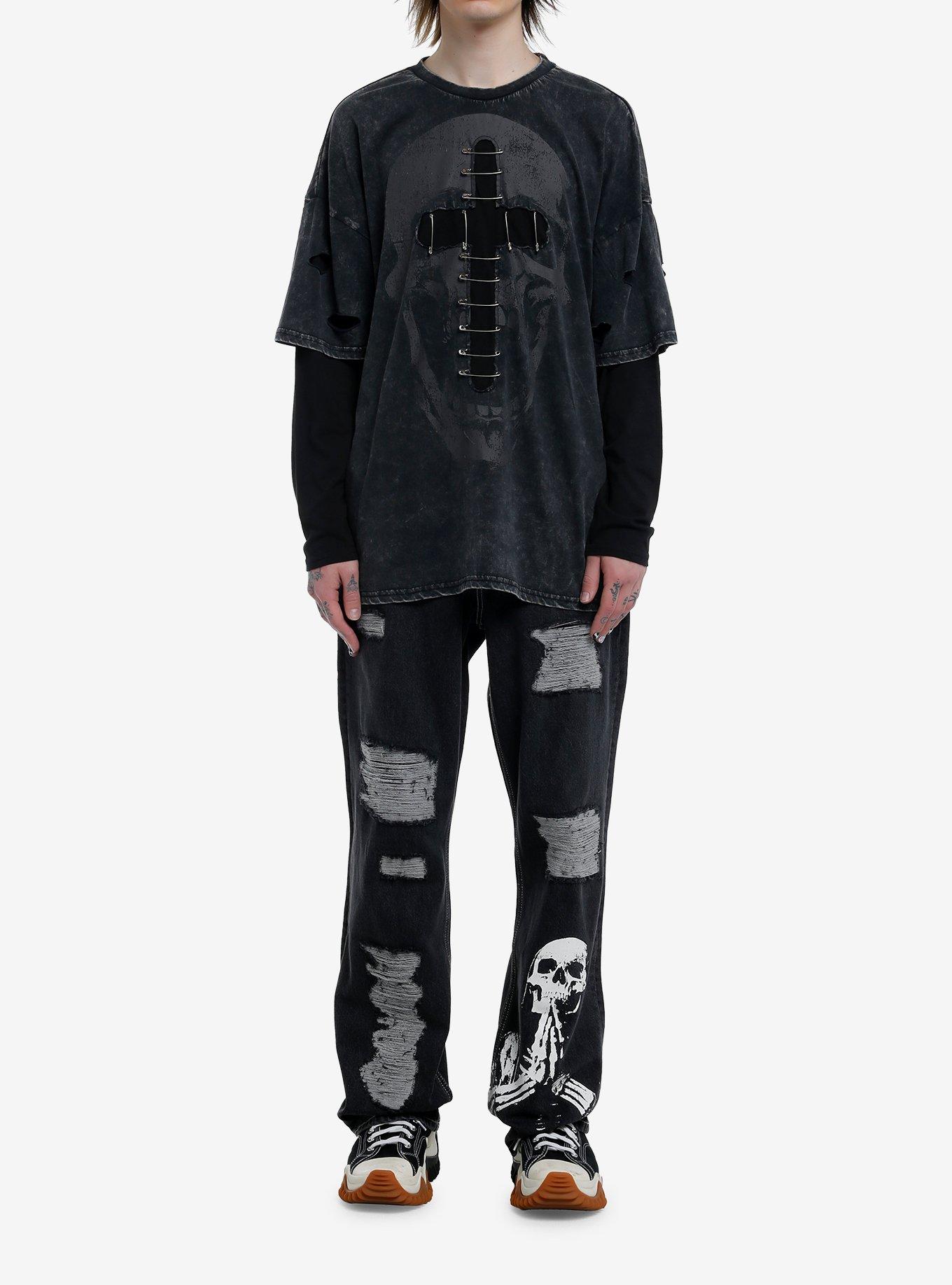 Social Collision Skull Cross Safety Pin Oversized Long-Sleeve Twofer, GREY, alternate