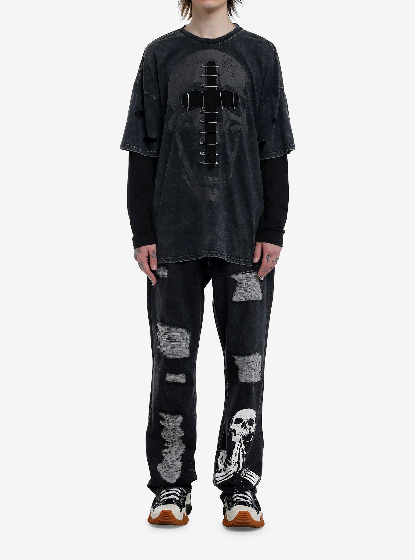 Social Collision Skull Cross Safety Pin Oversized Long-Sleeve Twofer, , hi-res