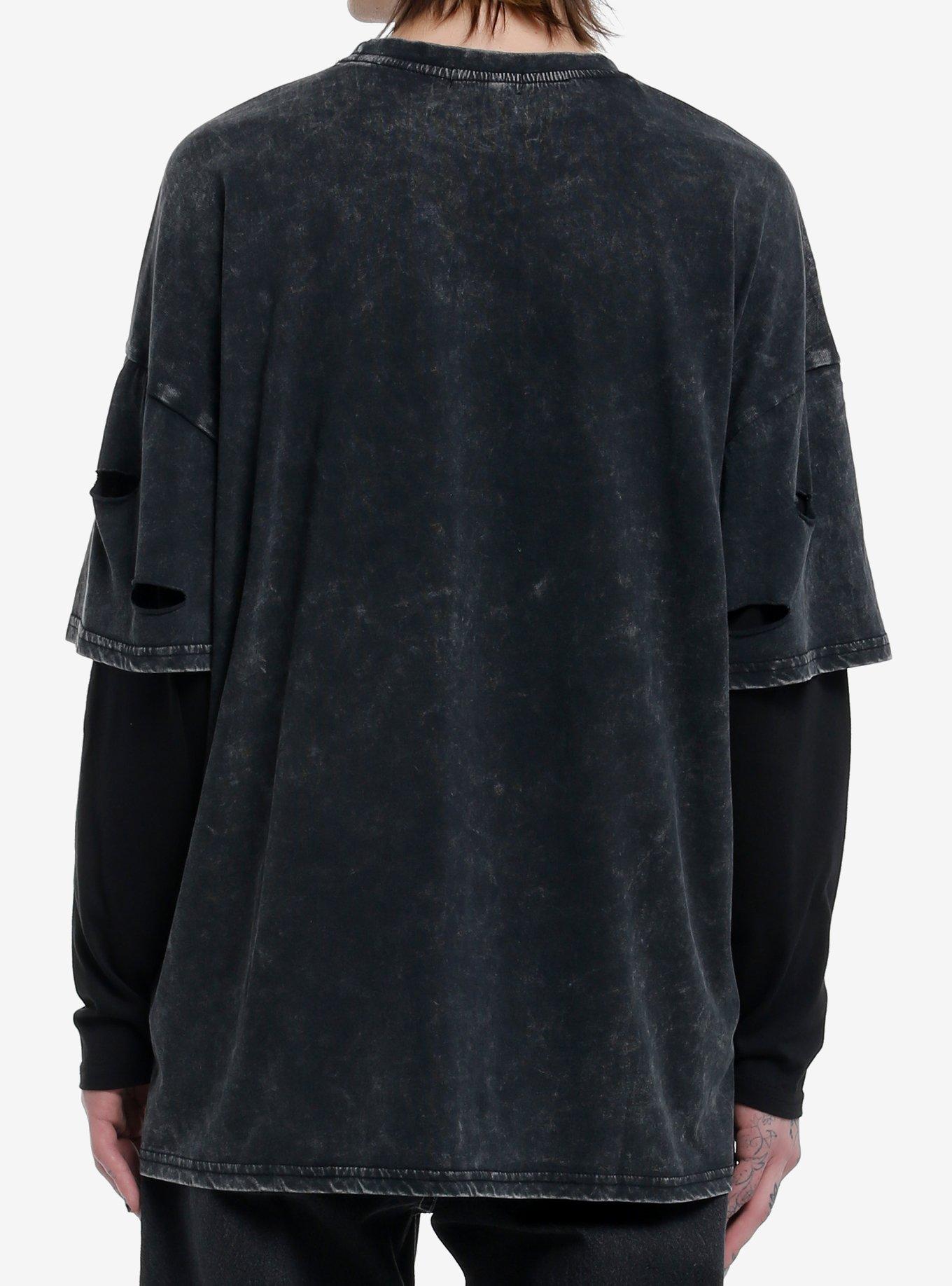 Social Collision Skull Cross Safety Pin Oversized Long-Sleeve Twofer, GREY, alternate