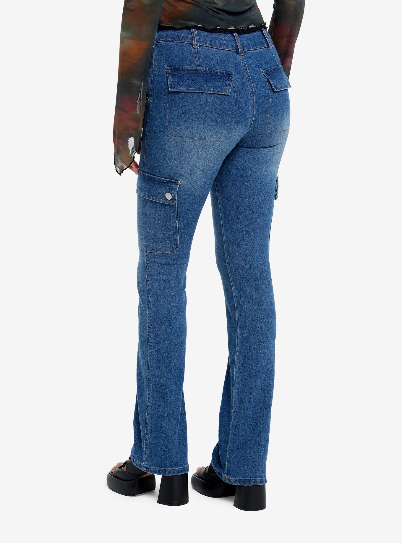 Indigo Cargo Pocket Boot Cut Flare Denim Pants, BLUE, alternate