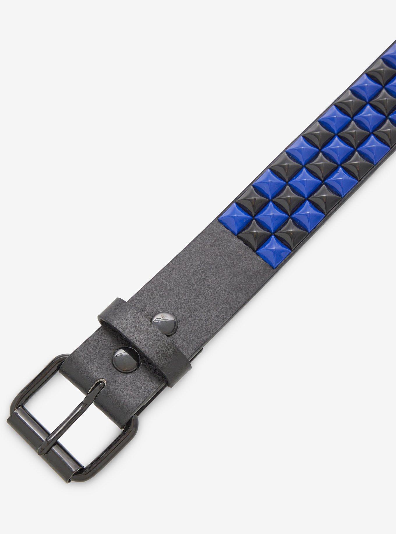 Black & Blue Three Row Pyramid Stud Belt, , hi-res