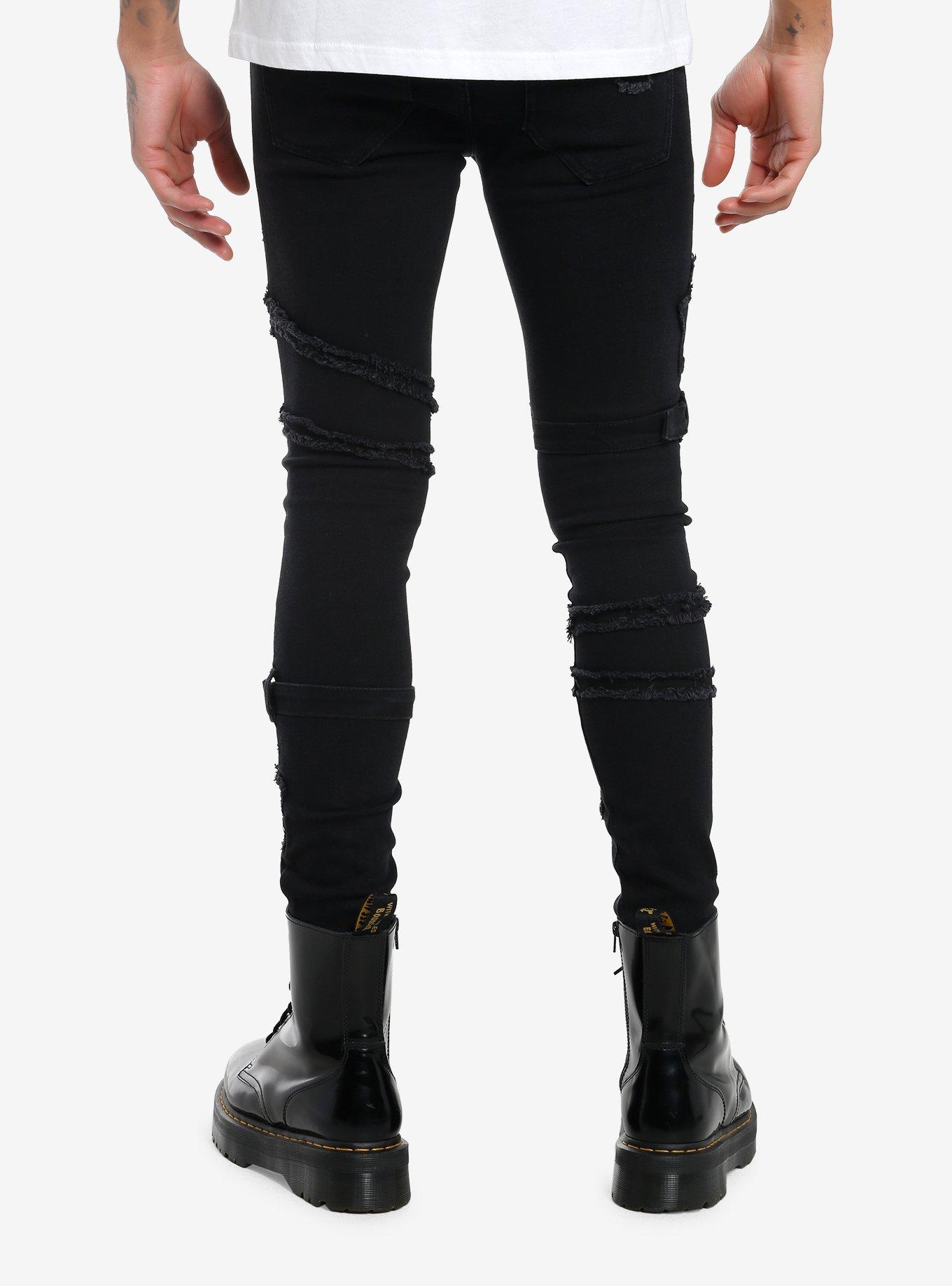 Social Collision Black Frayed Stars & Buckles Stinger Jeans, , hi-res