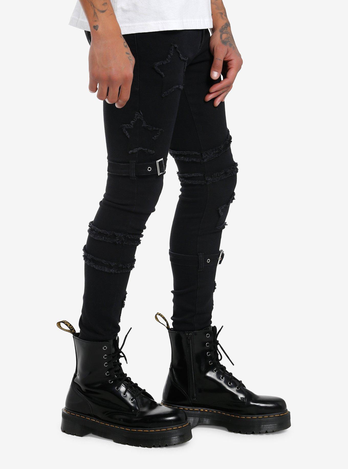 Social Collision Black Frayed Stars & Buckles Stinger Jeans, BLACK, alternate