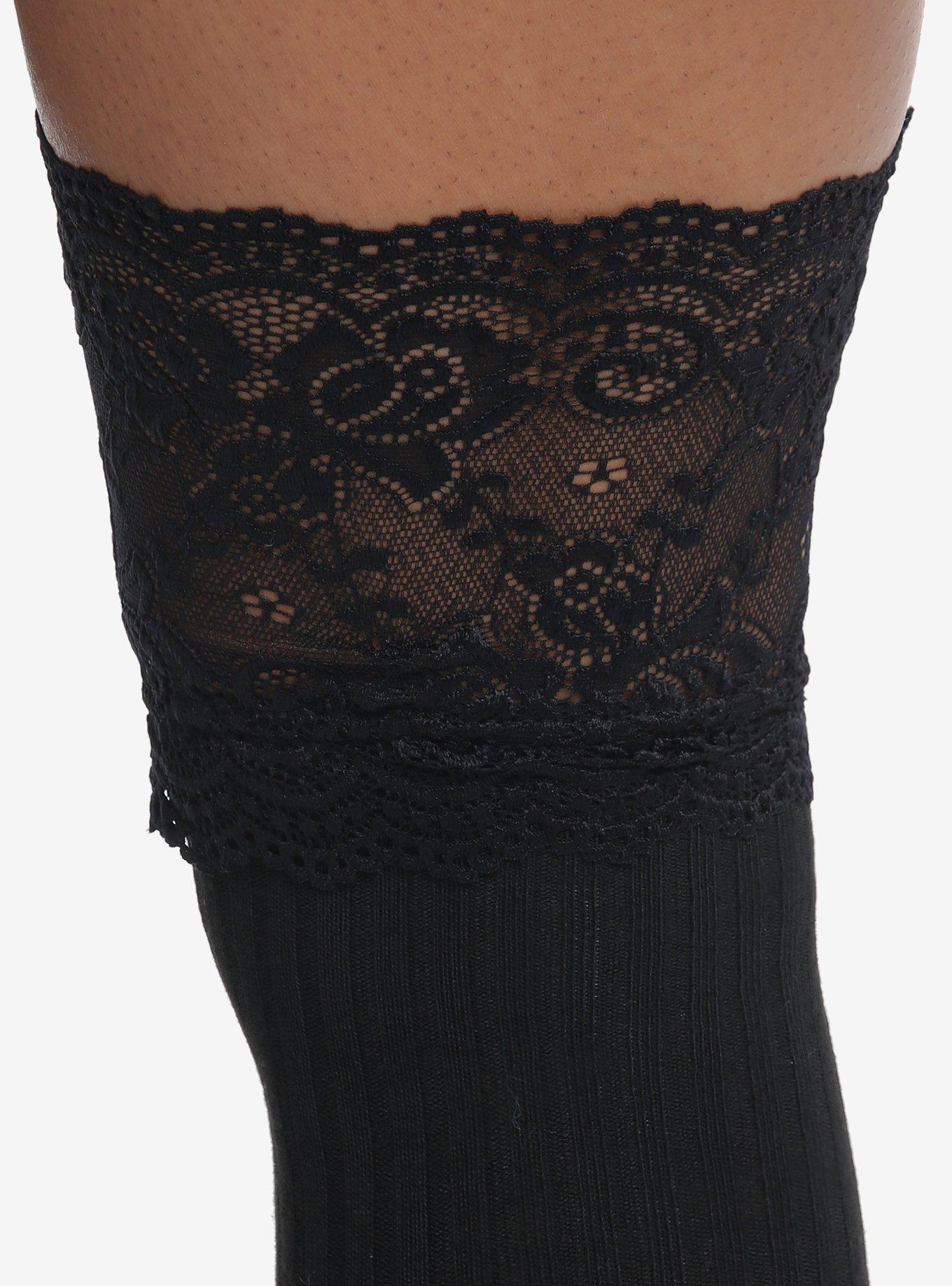 Black Ribbed Lace Over-The-Knee Socks, , alternate