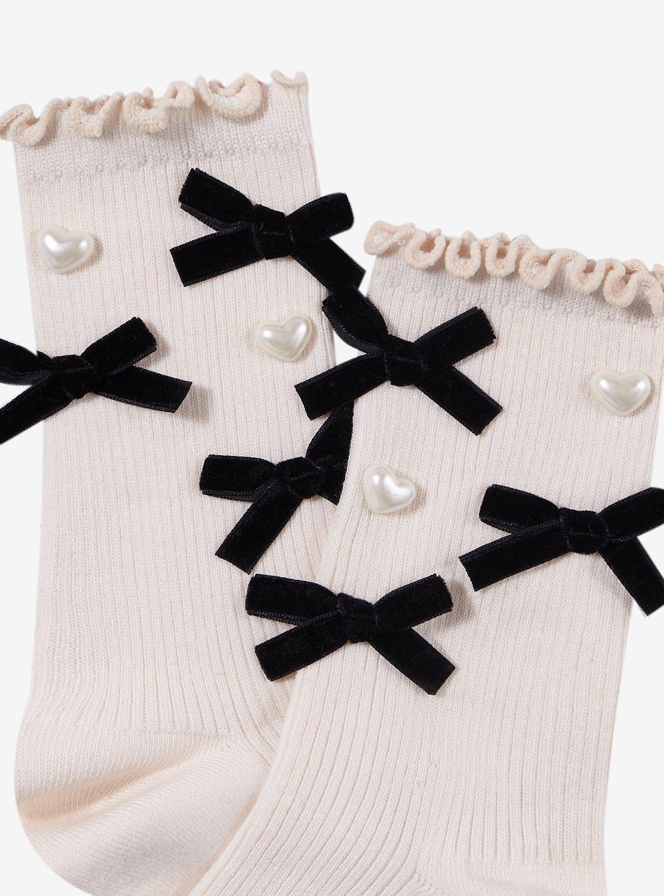 Cream Bow Heart Pearl Crew Socks, , alternate