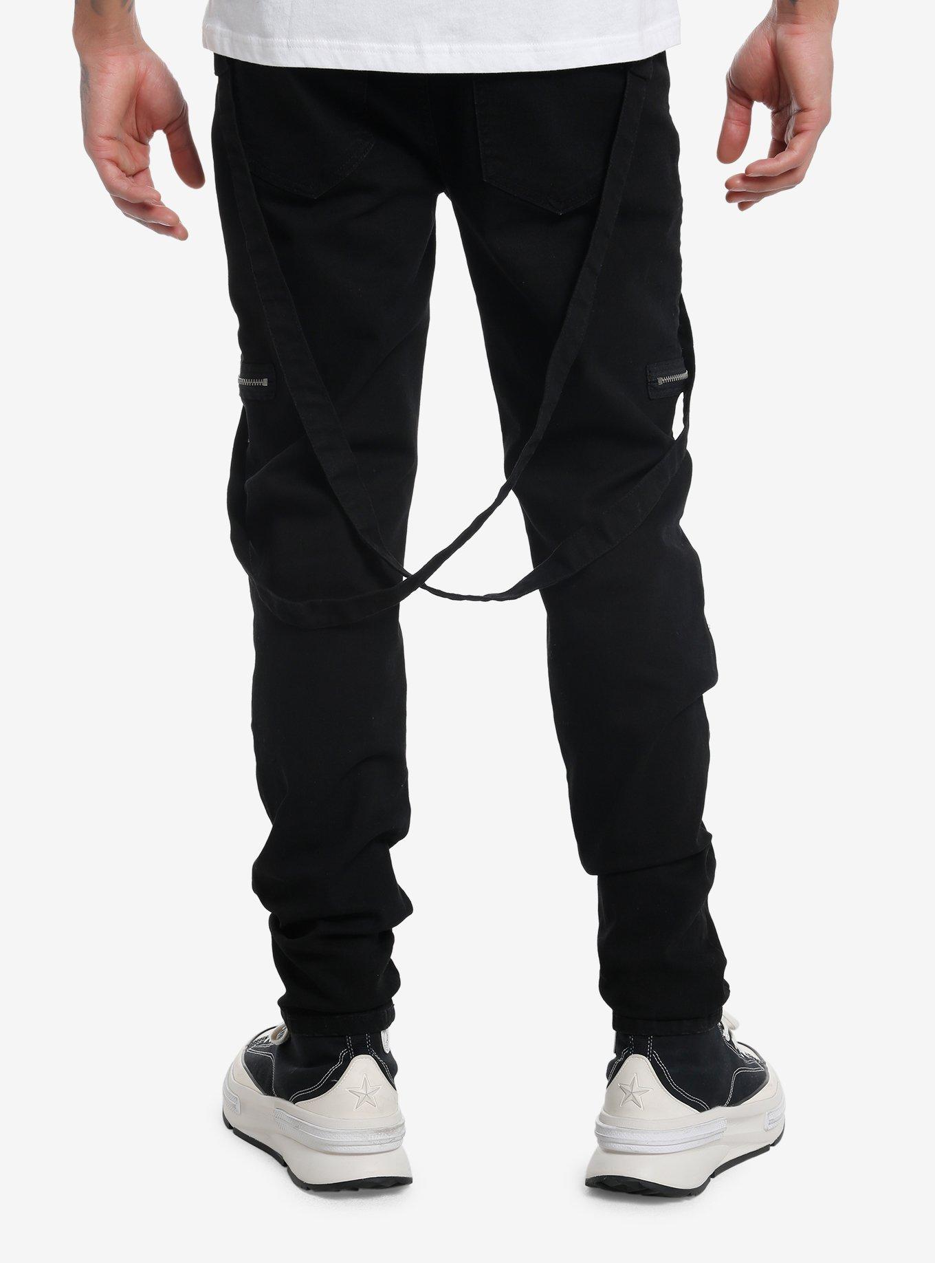 Black Denim Suspender Strap & Zipper Jeans, BLACK, alternate