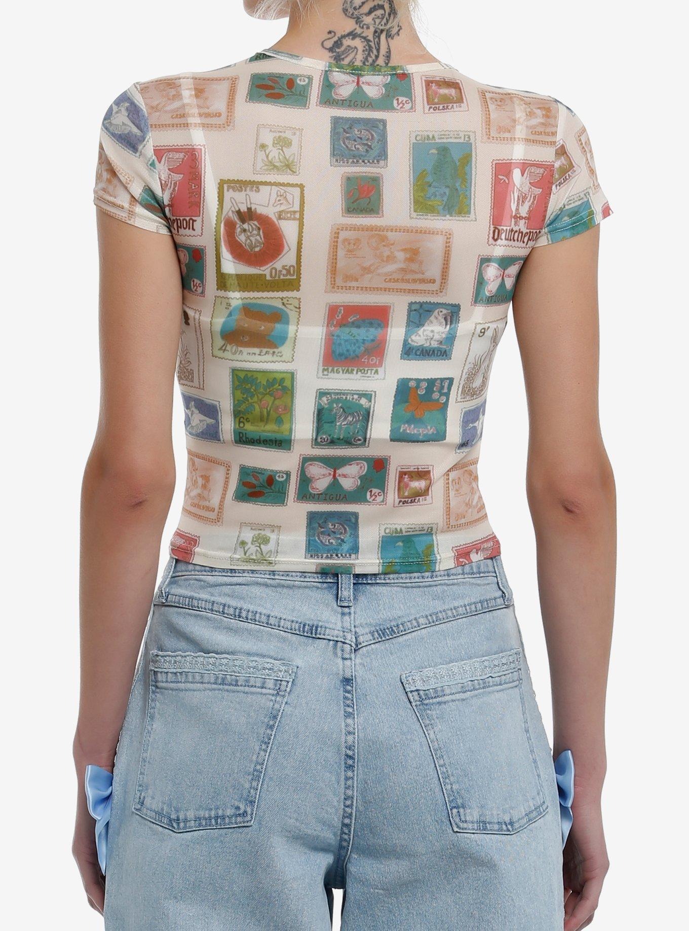 Animal Postage Stamp Girls Mesh Crop Top, MULTI, alternate