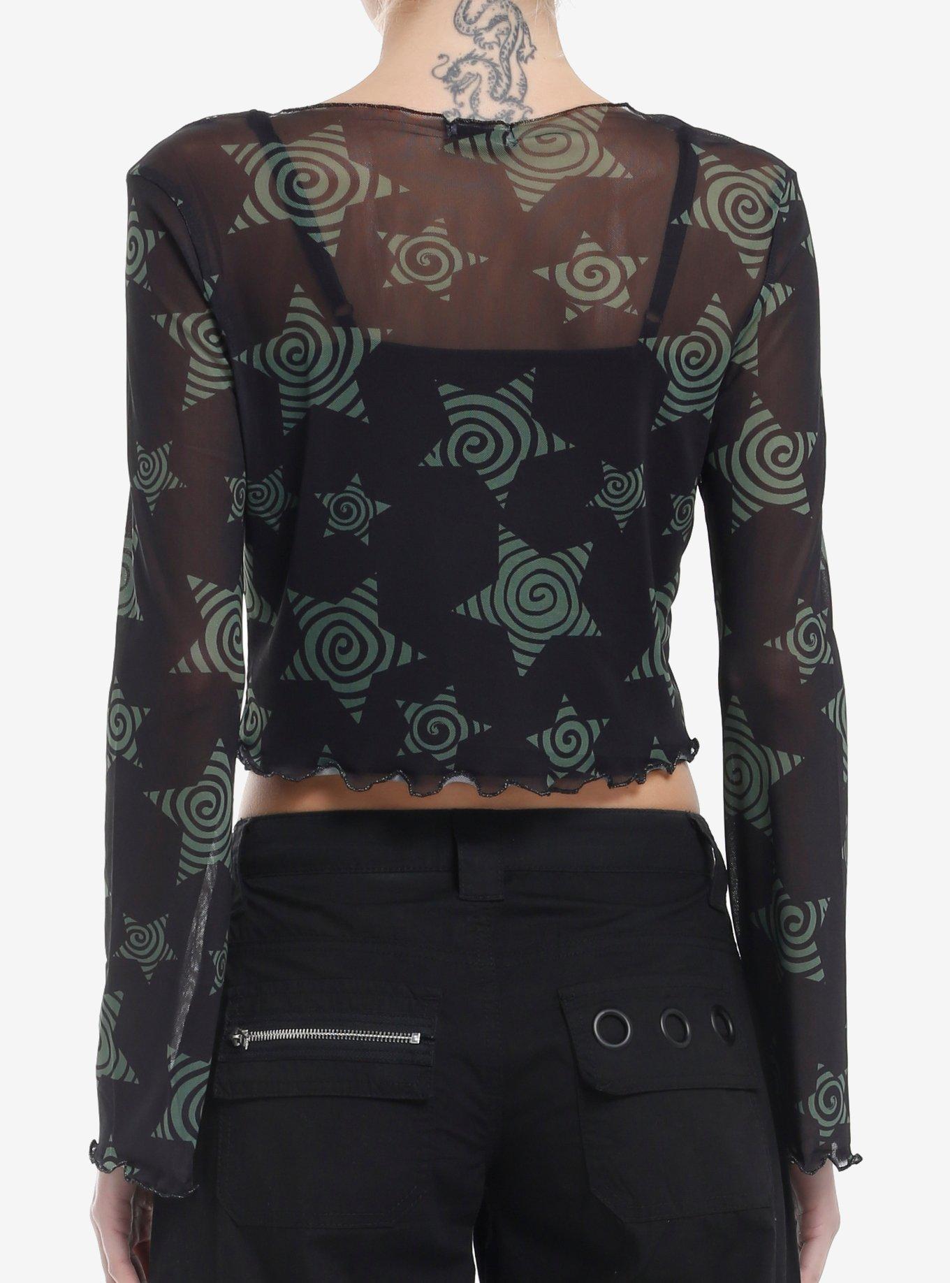 Social Collision Black & Green Spiral Star Mesh Girls Long-Sleeve Top, GREEN, alternate
