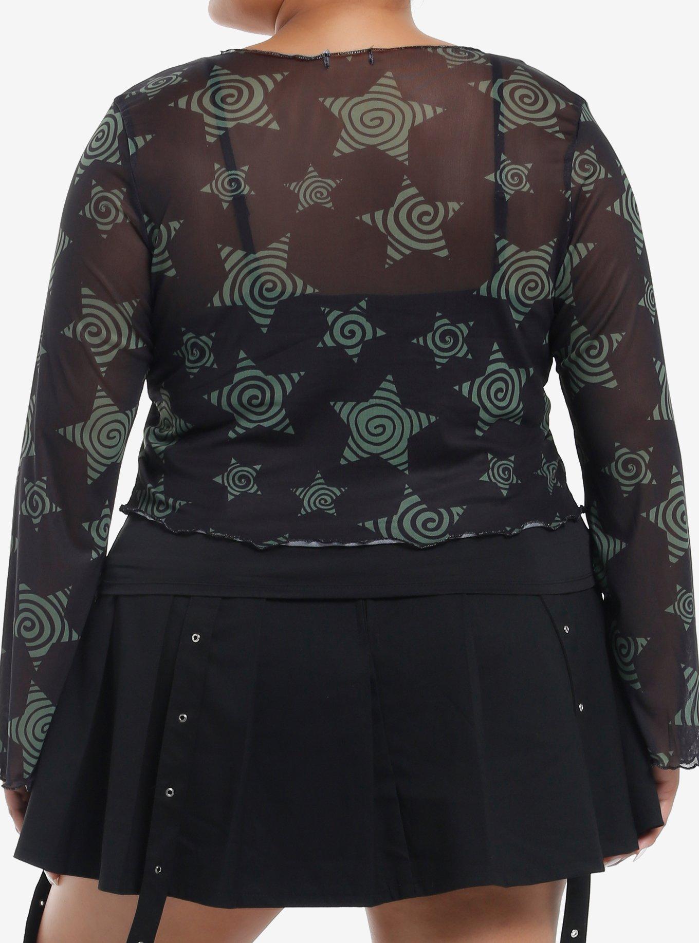 Black & Green Spiral Star Mesh Girls Long-Sleeve Top Plus