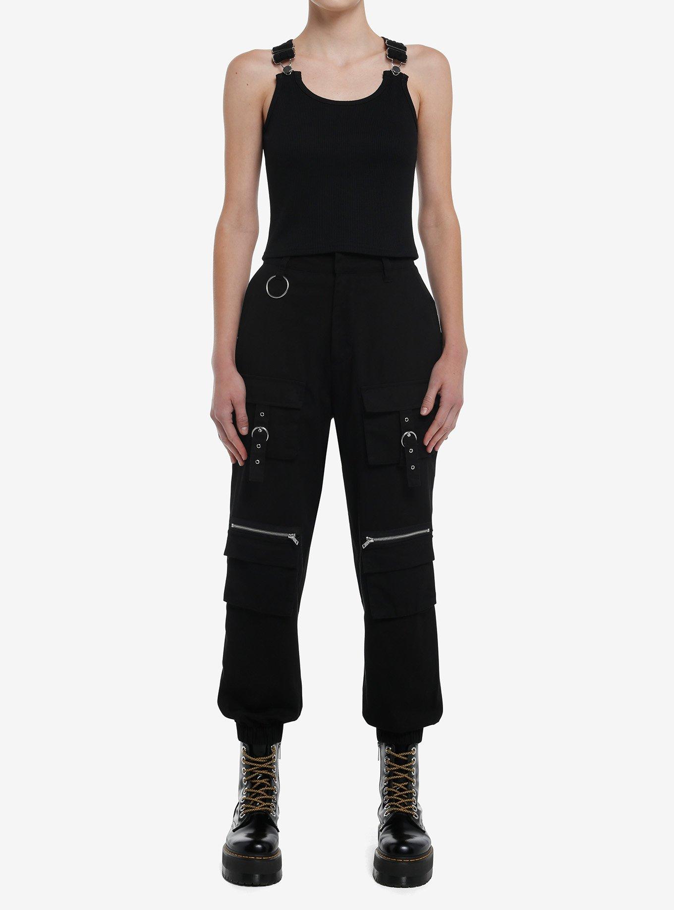 Black Overall Buckle Strap Girls Racerback Tank Top, BLACK, alternate