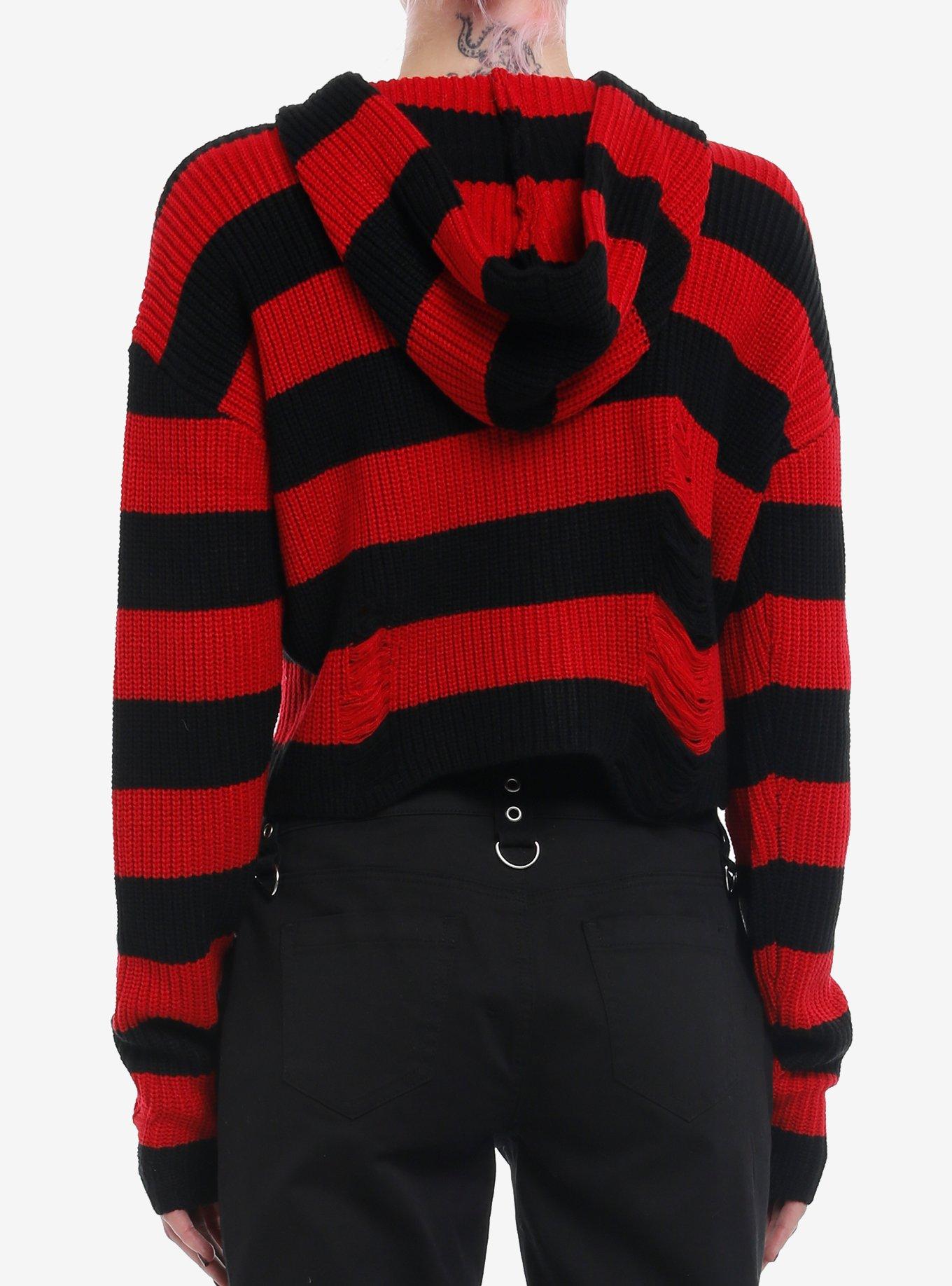 The Lost Boys Patch Distressed Knit Girls Crop Hoodie, RED, alternate