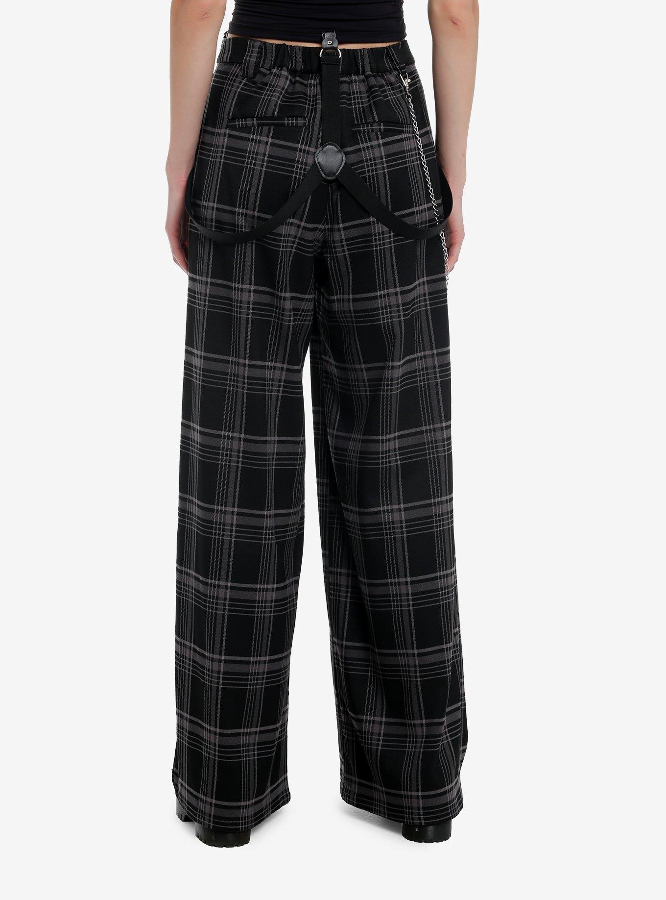 Social Collision Grey Plaid Suspender Trouser Pants, , hi-res