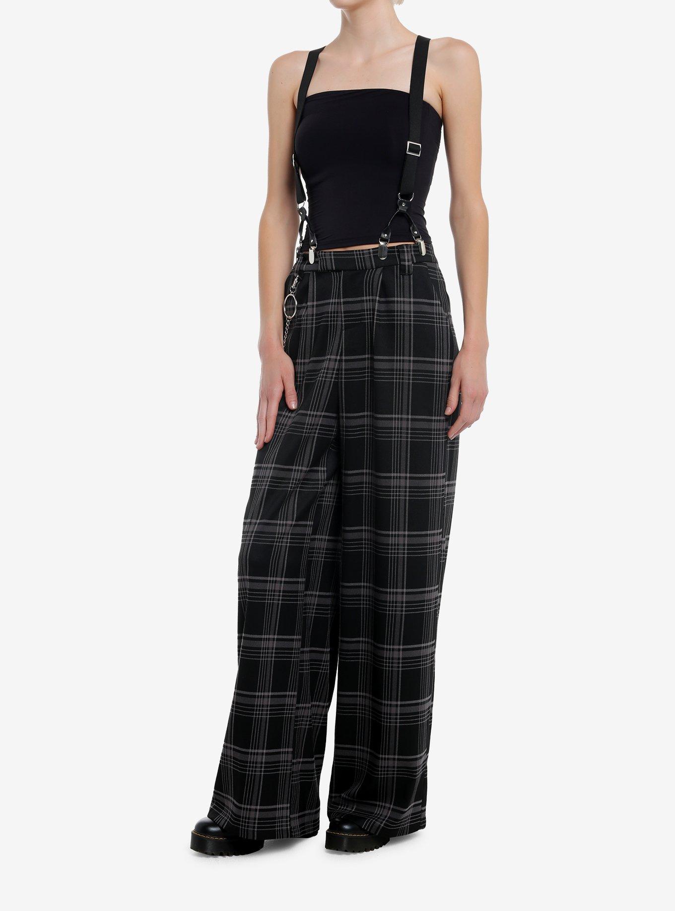 Social Collision Grey Plaid Suspender Trouser Pants, GREY, alternate
