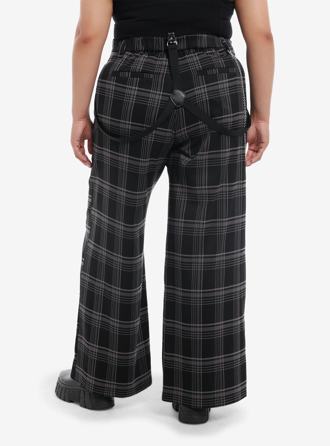 Social Collision Grey Plaid Suspender Trouser Pants Plus Size, , hi-res