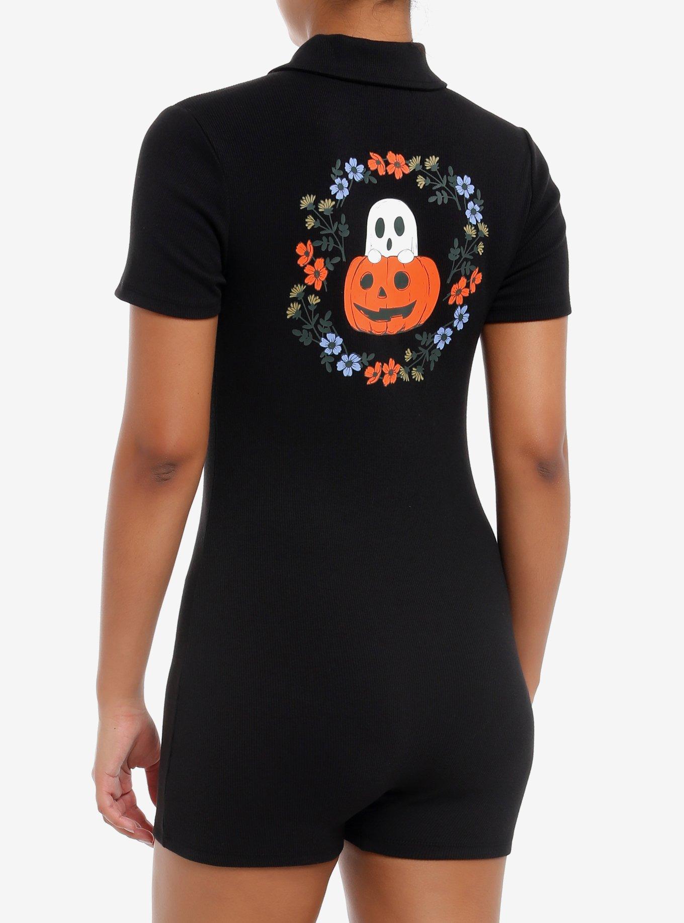 Thorn & Fable Ghosts Pumpkins & Flowers Girls Polo Romper, BLACK, alternate