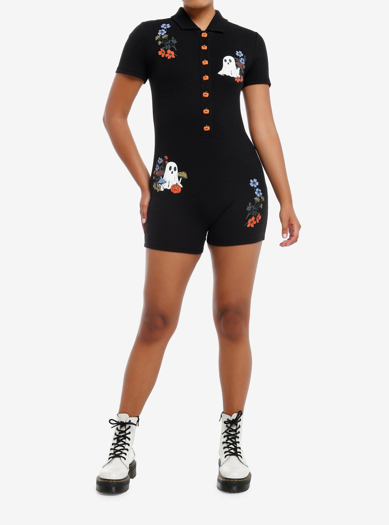 Thorn & Fable Ghosts Pumpkins & Flowers Girls Polo Romper, BLACK, alternate
