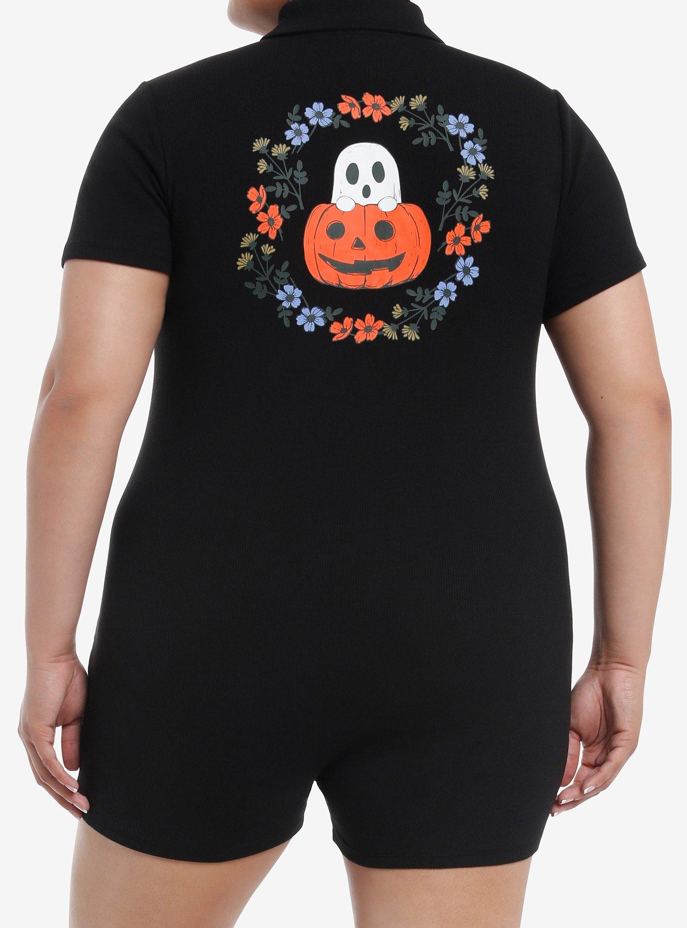 Thorn & Fable Ghosts Pumpkins & Flowers Girls Polo Romper Plus Size, , hi-res