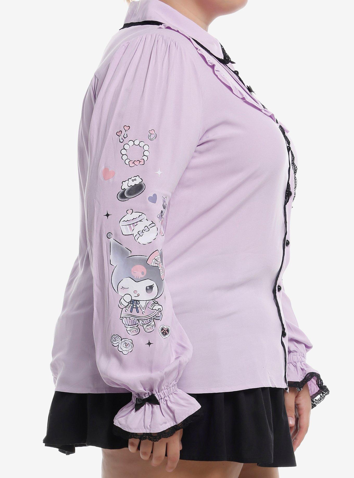 Kuromi Dress-Up Lace Ribbon Girls Woven Button-Up Plus Size, BLACK, alternate