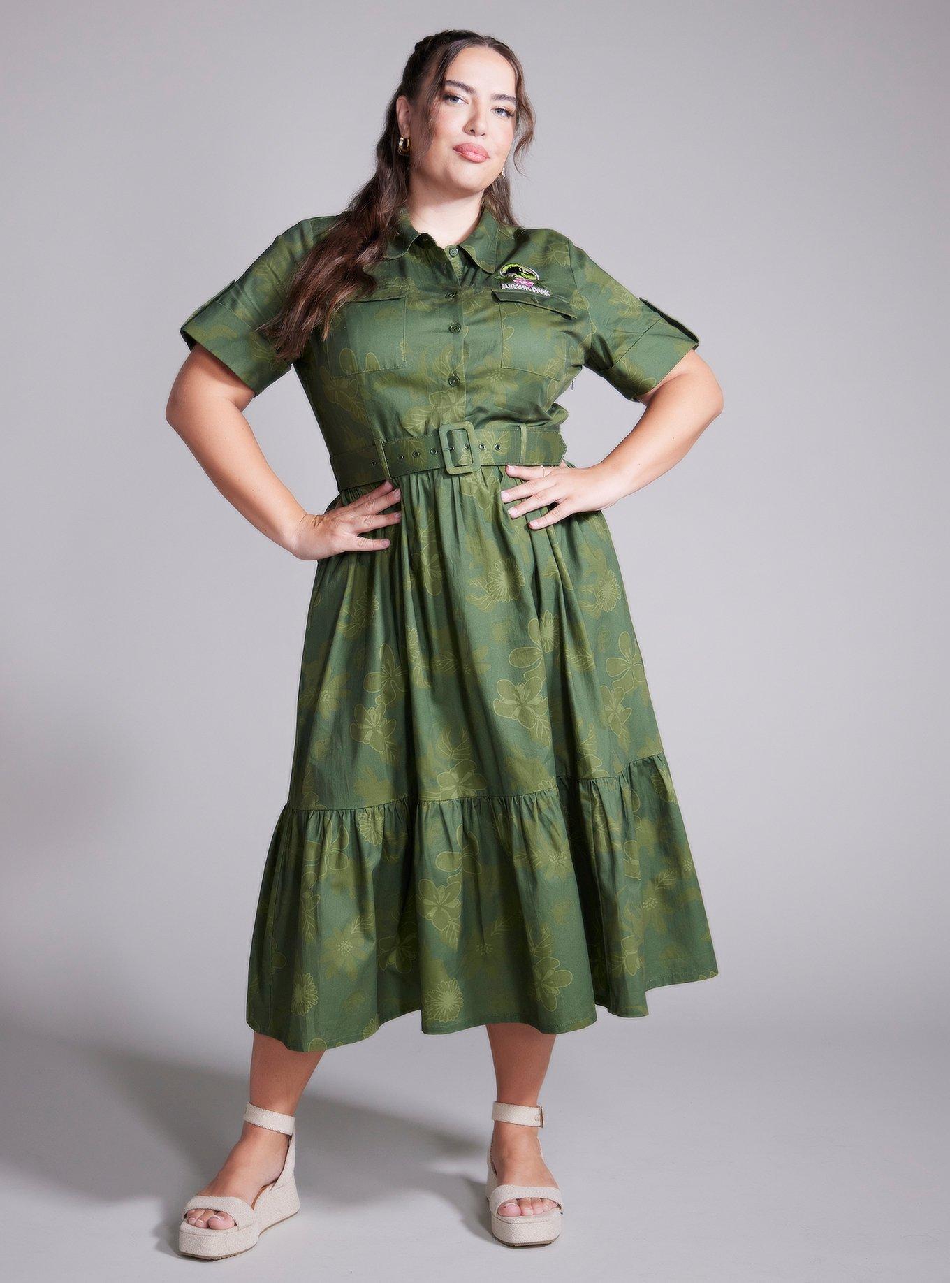 Her Universe Jurassic Park Green Floral Retro Dress Plus Size Her Universe Exclusive, OLIVE, alternate