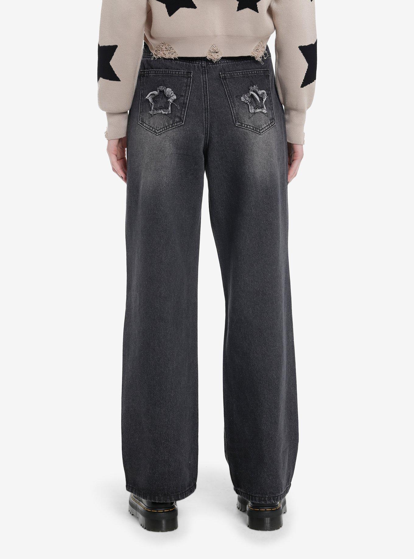 Black Frayed Star Patch Wide Leg Denim Pants, , hi-res