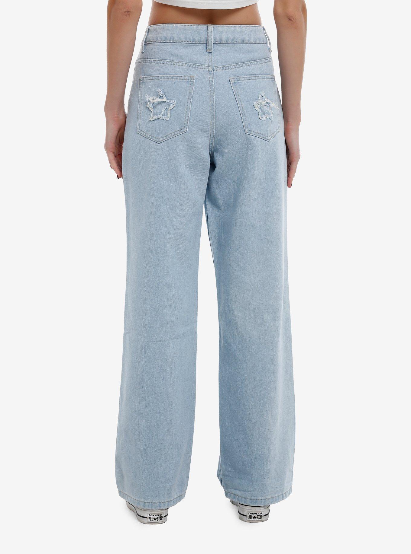 Light Blue Star Patches Girls Wide Leg Jeans, BLUE, alternate