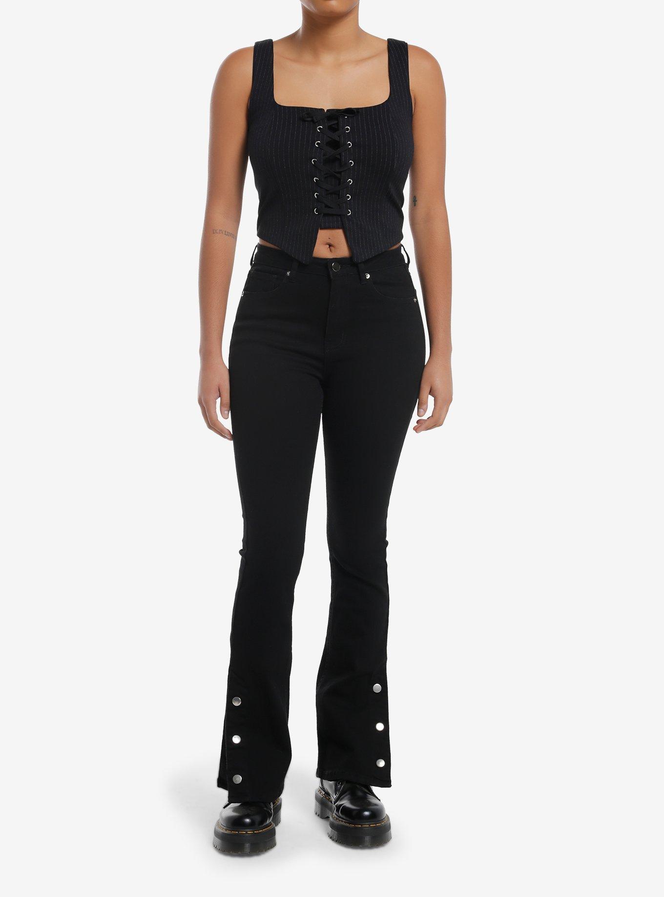 Black Pinstripe Lace-Up Girls Tank Top, , hi-res
