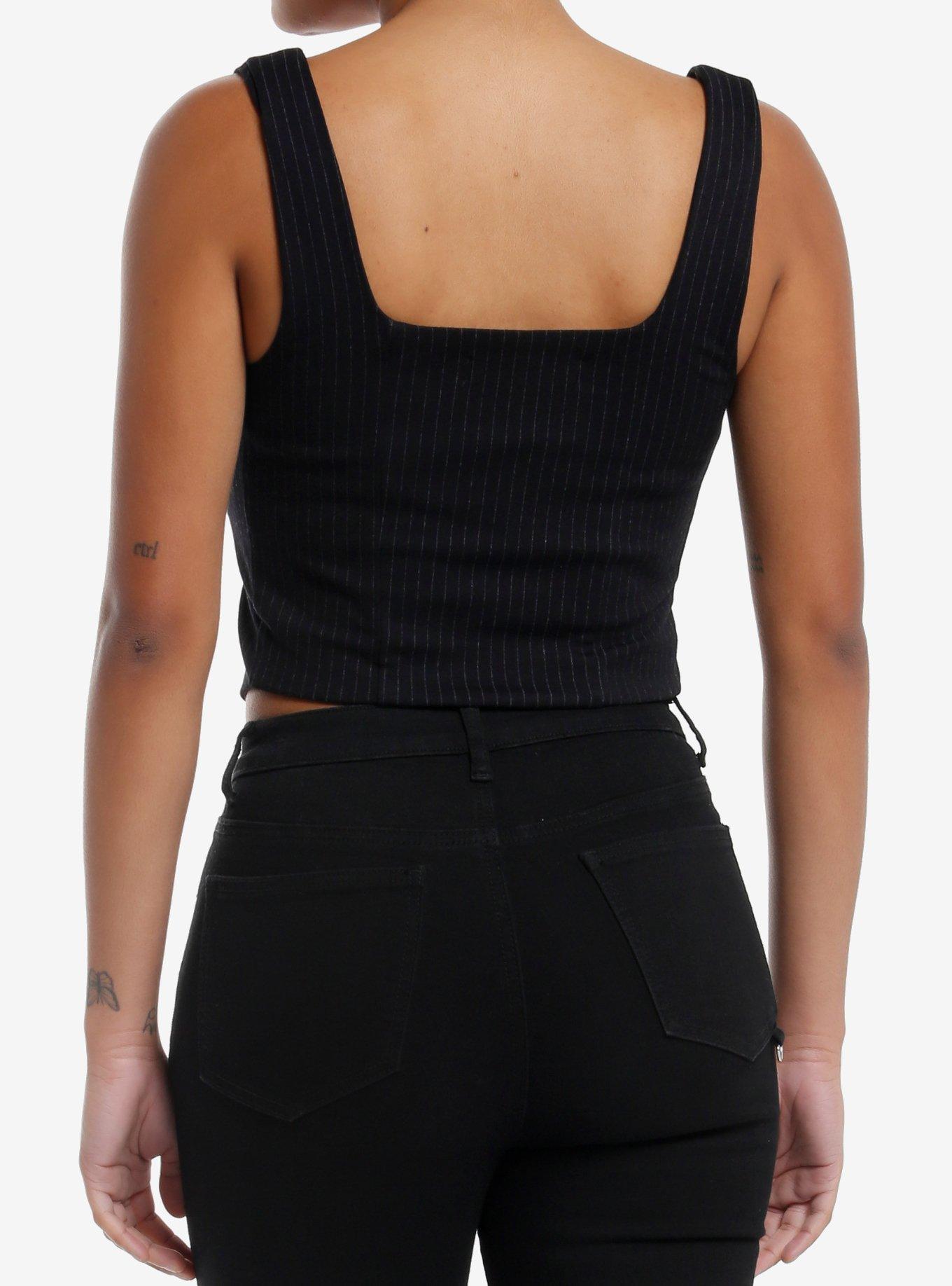 Black Pinstripe Lace-Up Girls Tank Top, , alternate