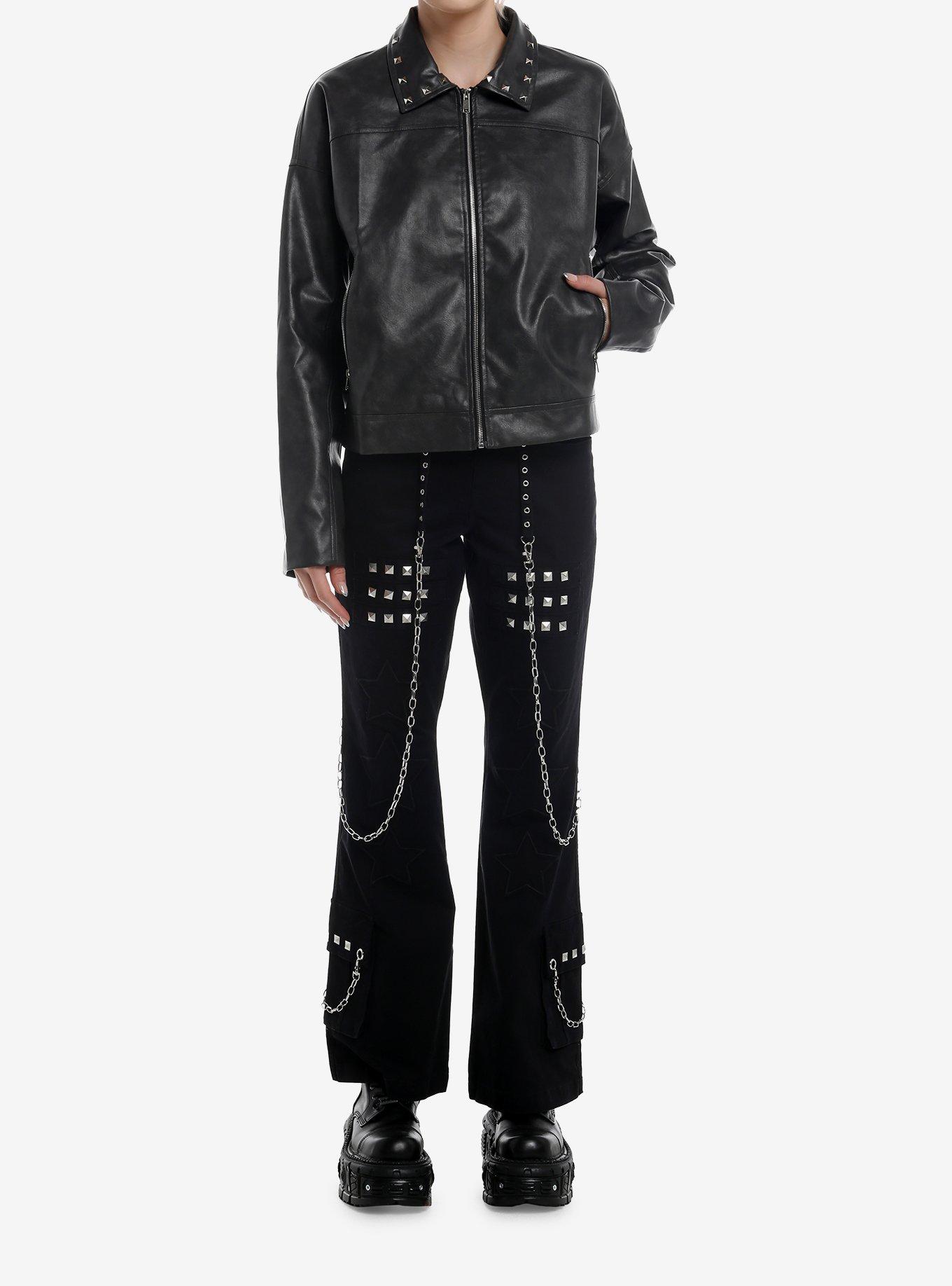 Grey Wash Pyramid Stud Girls Faux Leather Jacket, , hi-res