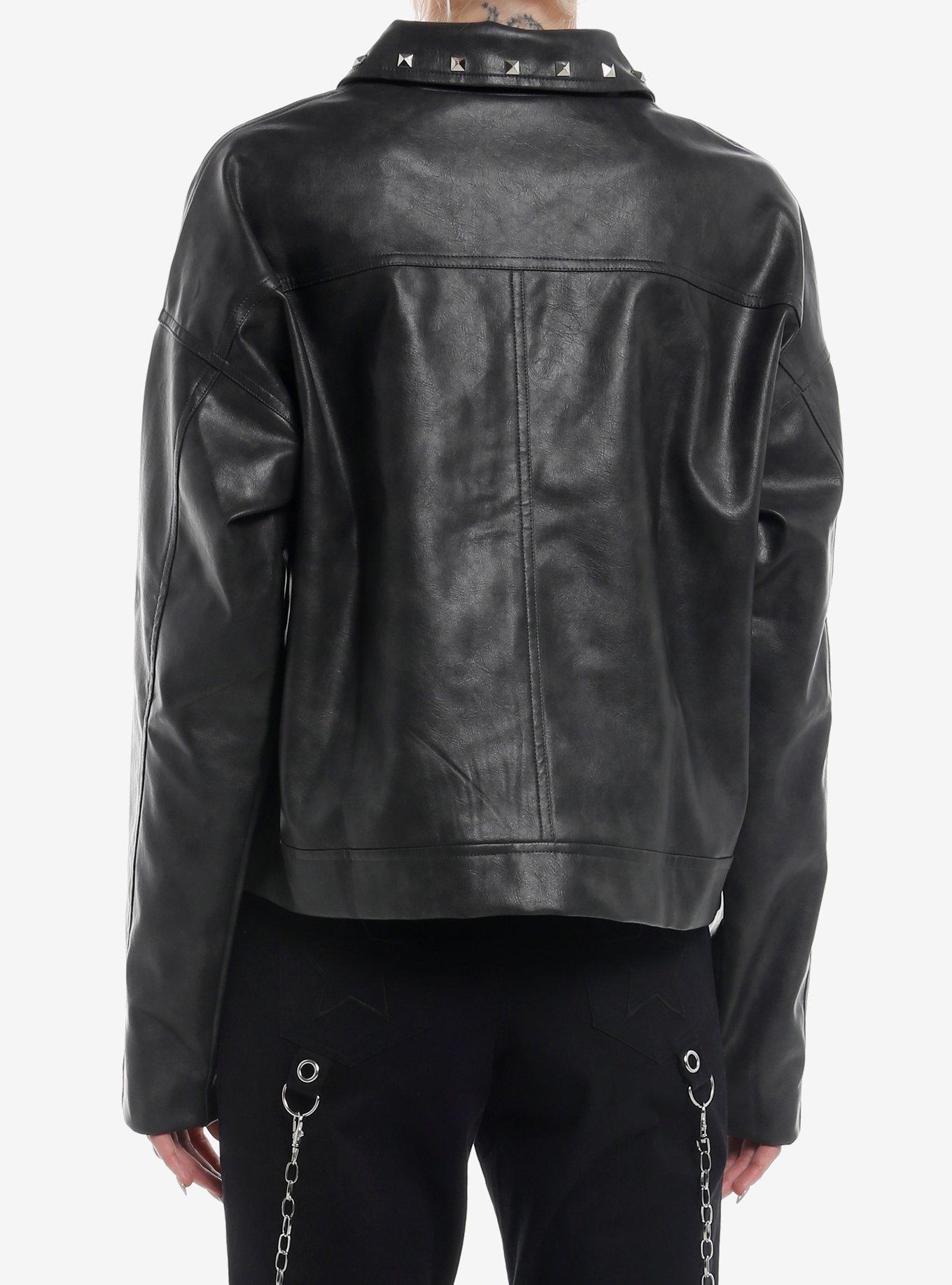 Grey Wash Pyramid Stud Girls Faux Leather Jacket, BLUE, alternate