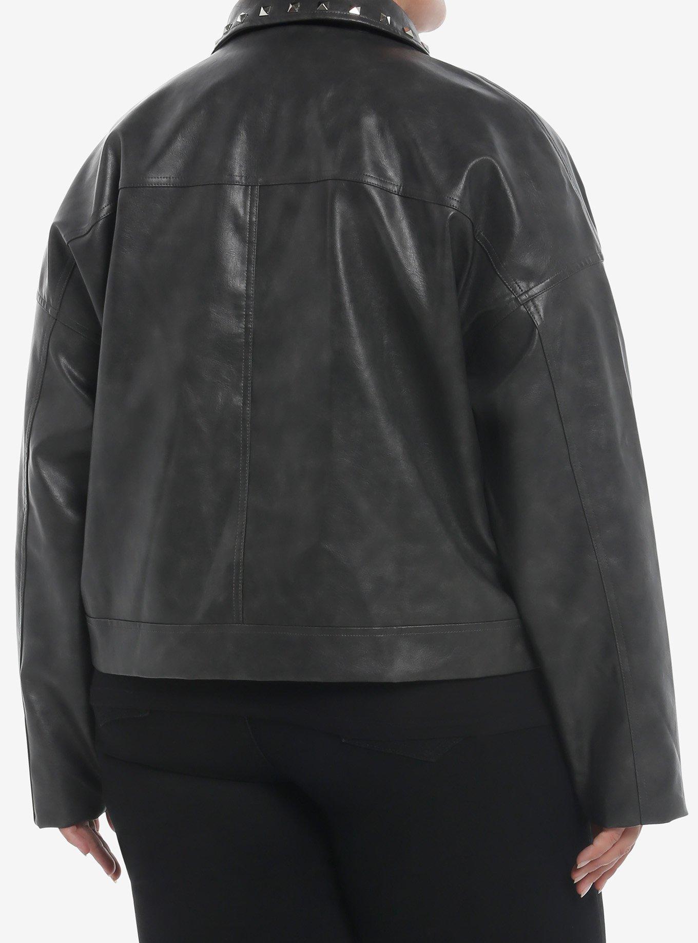 Grey Wash Pyramid Stud Girls Faux Leather Jacket Plus Size, BLUE, alternate
