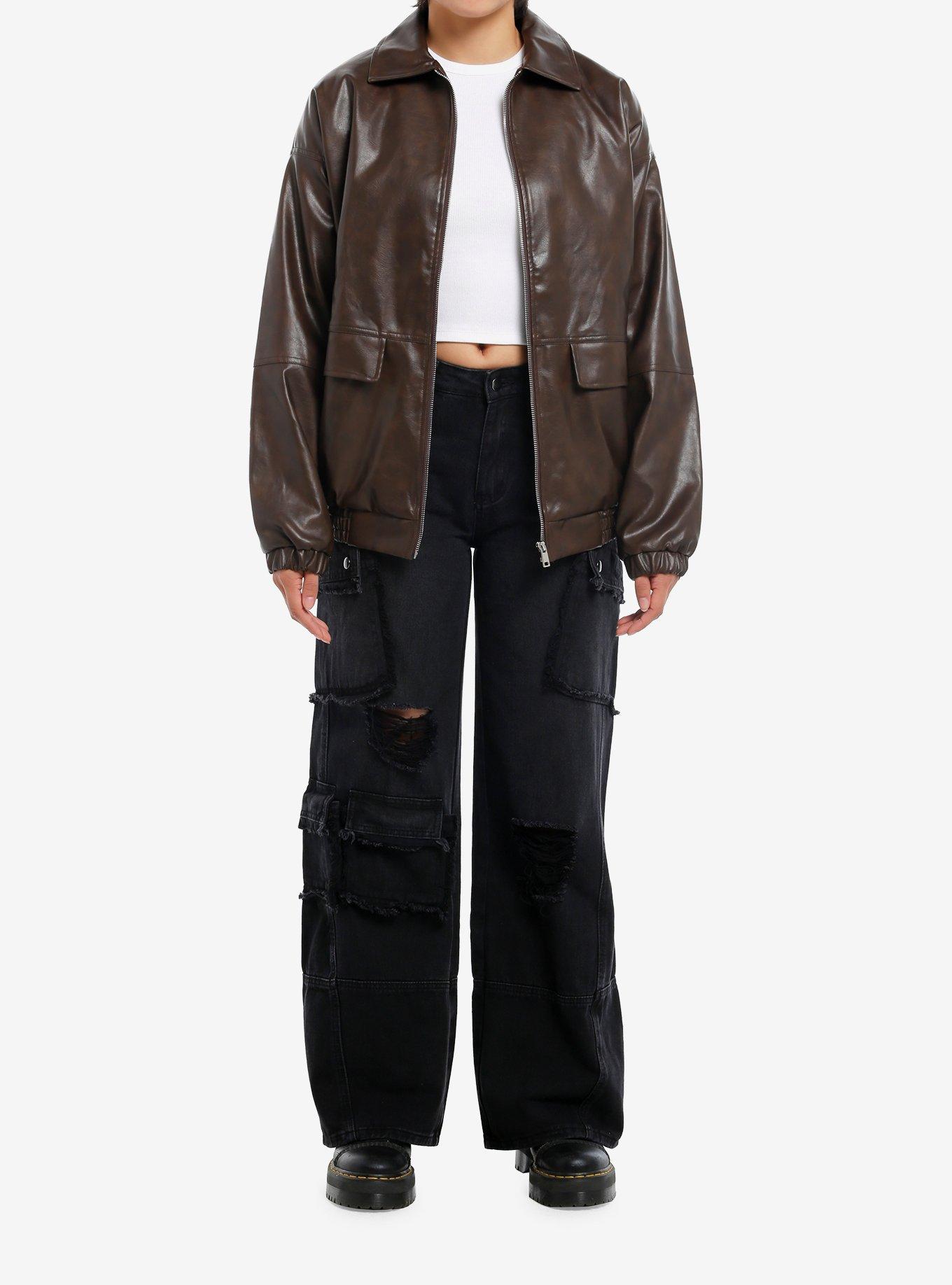 Daisy Street Heart Embroidered Brown Faux Leather Girls Jacket, , hi-res
