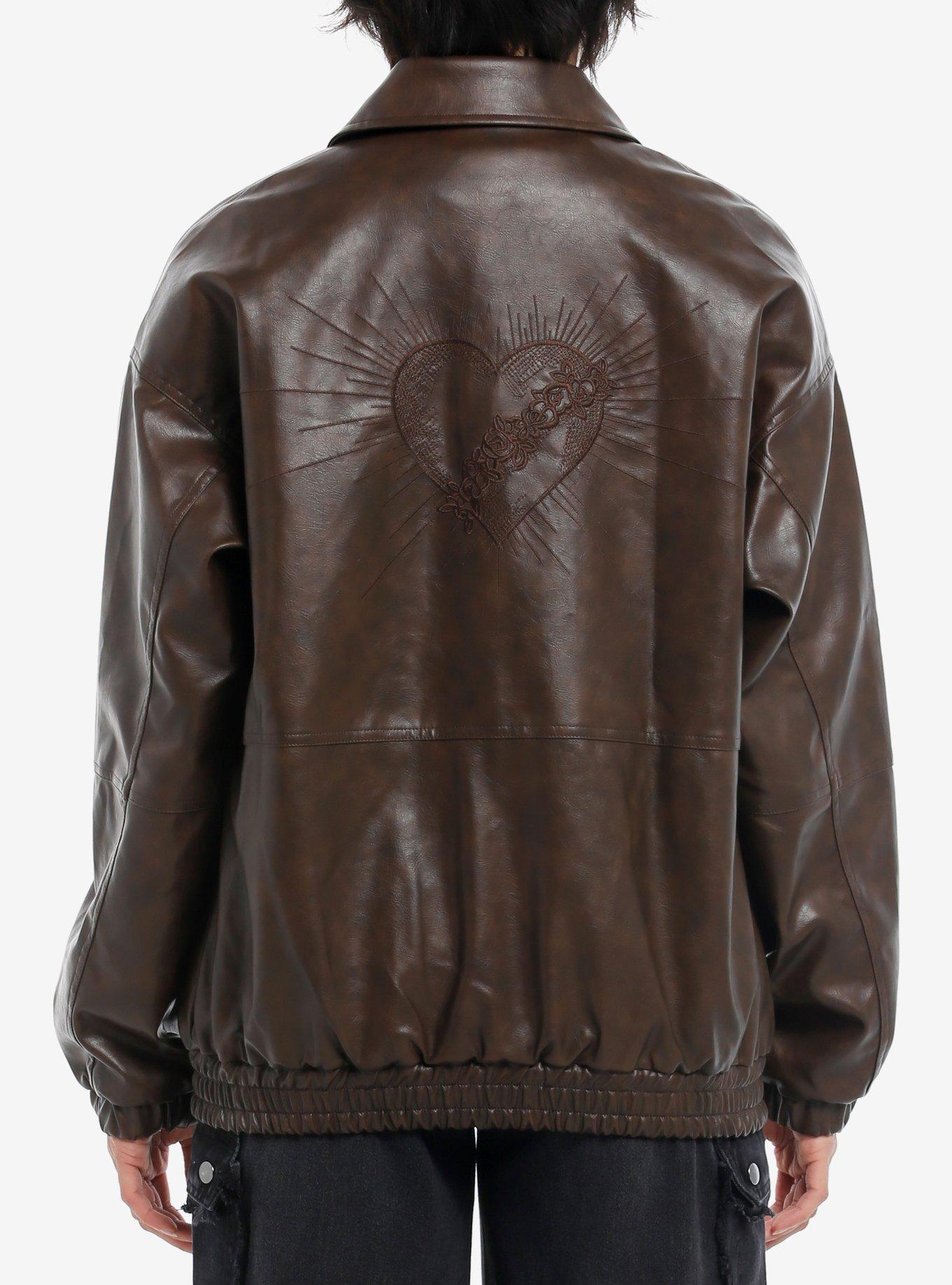 Daisy Street Heart Embroidered Brown Faux Leather Girls Jacket, BROWN, alternate