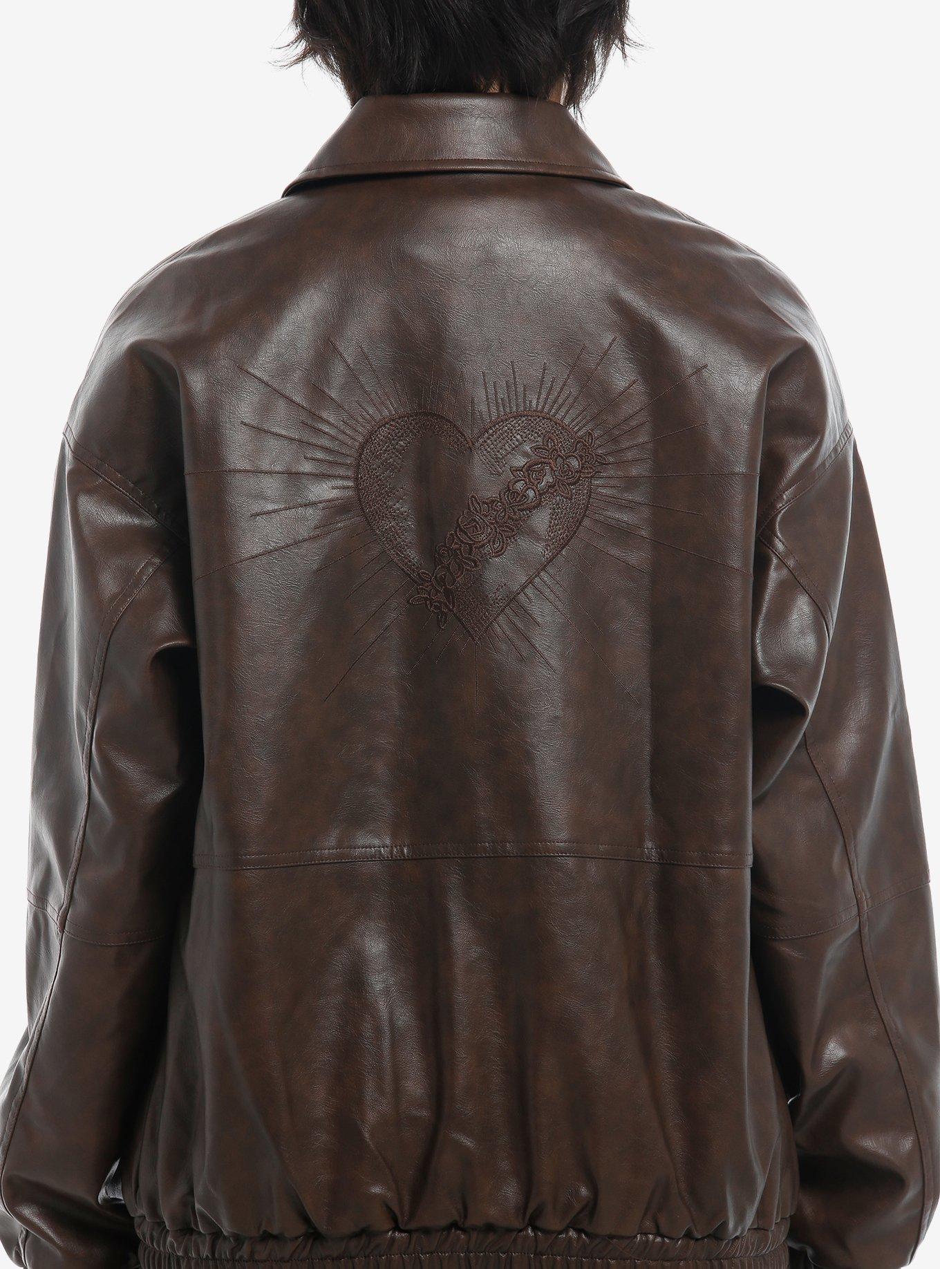 Daisy Street Heart Embroidered Brown Faux Leather Girls Jacket, BROWN, alternate