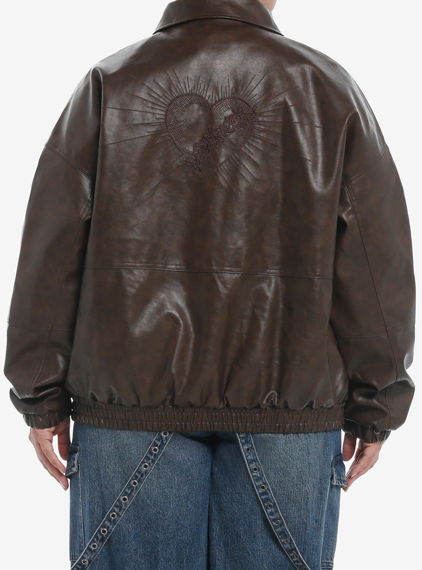 Daisy Street Heart Embroidered Brown Faux Leather Girls Jacket Plus Size, BROWN, alternate