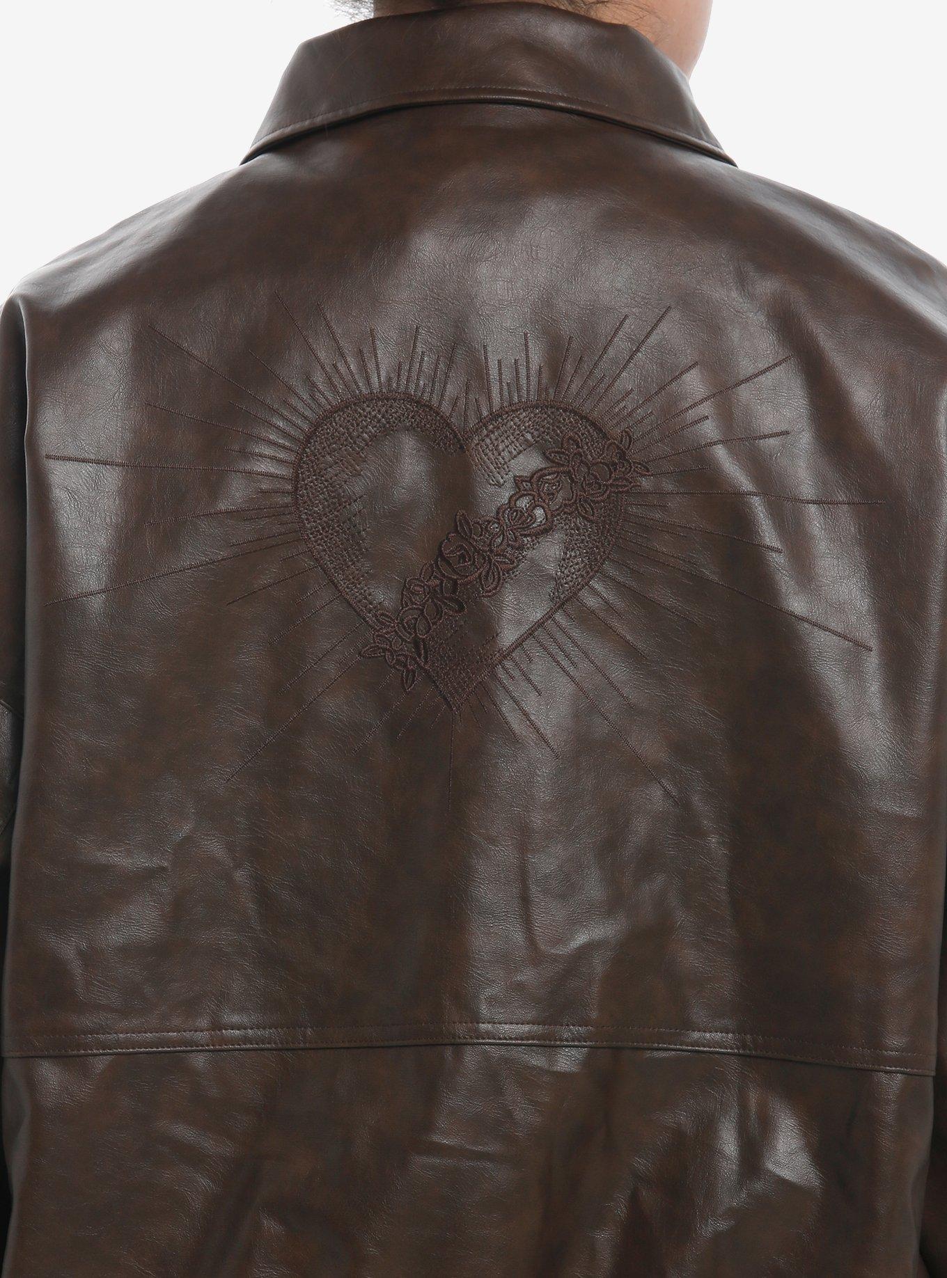 Daisy Street Heart Embroidered Brown Faux Leather Girls Jacket Plus Size, BROWN, alternate