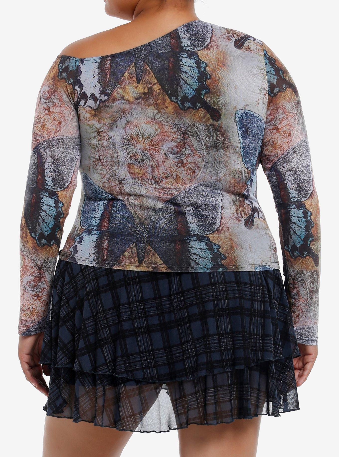 Thorn & Fable Butterfly Mosaic Off-The-Shoulder Girls Long-Sleeve Top Plus Size, MULTI, alternate