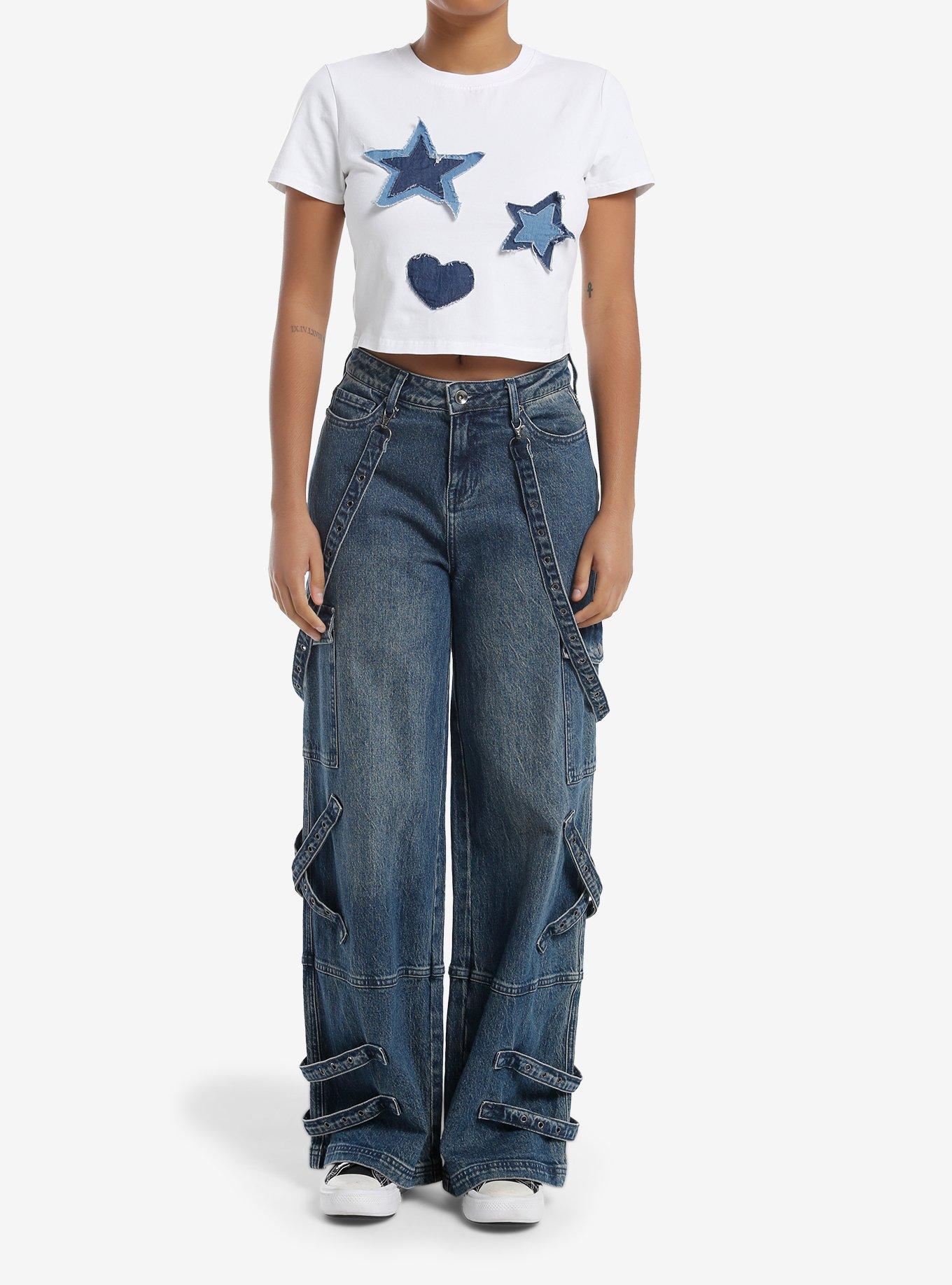 Social Collision Star & Heart Denim Patches Girls Crop T-Shirt, , hi-res