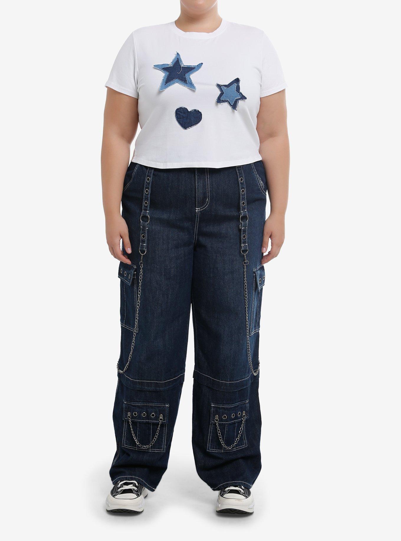 Social Collision Star & Heart Denim Patches Girls Crop T-Shirt Plus