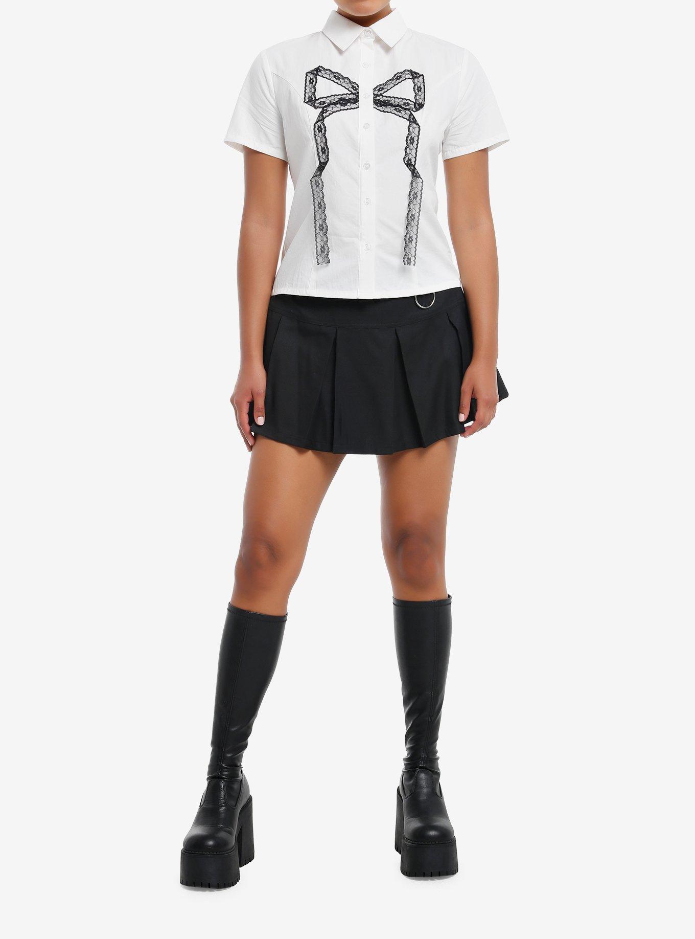 Social Collision Black Lace Ribbon Girls Woven Button-Up, , hi-res