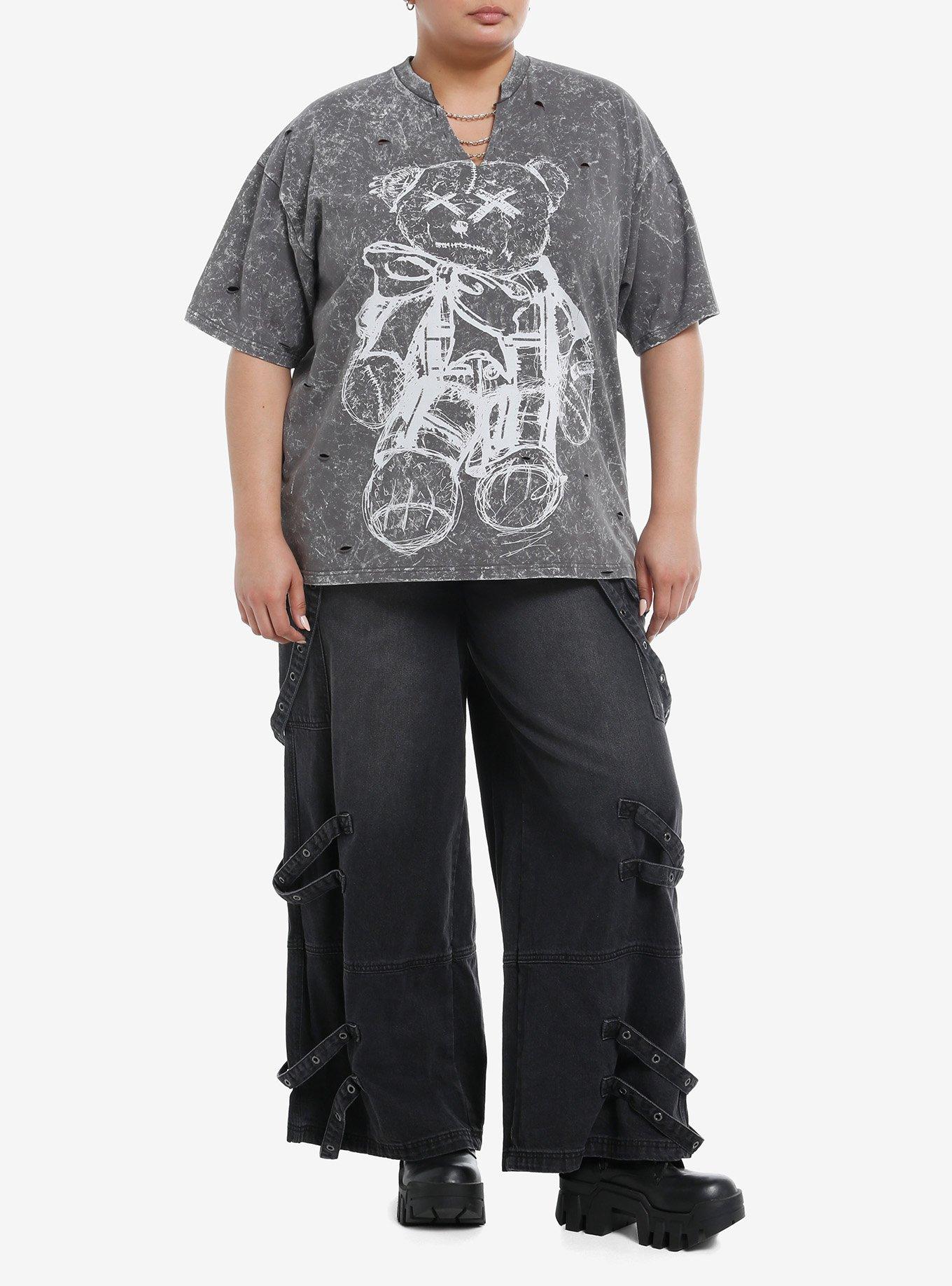 Punk Teddy Bear Destructed Grey Wash Girls Oversized T-Shirt Plus