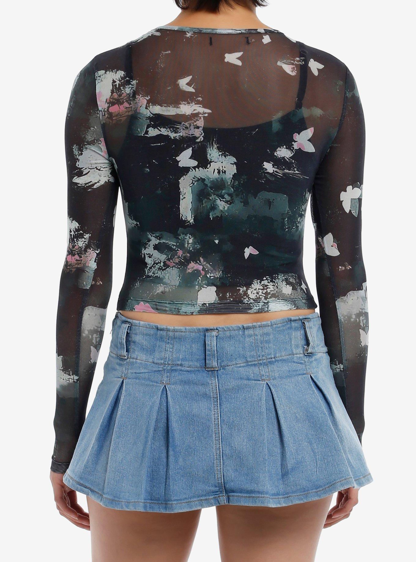 Thorn & Fable Butterfly Lily Girls Twofer Mesh Top, GREEN, alternate
